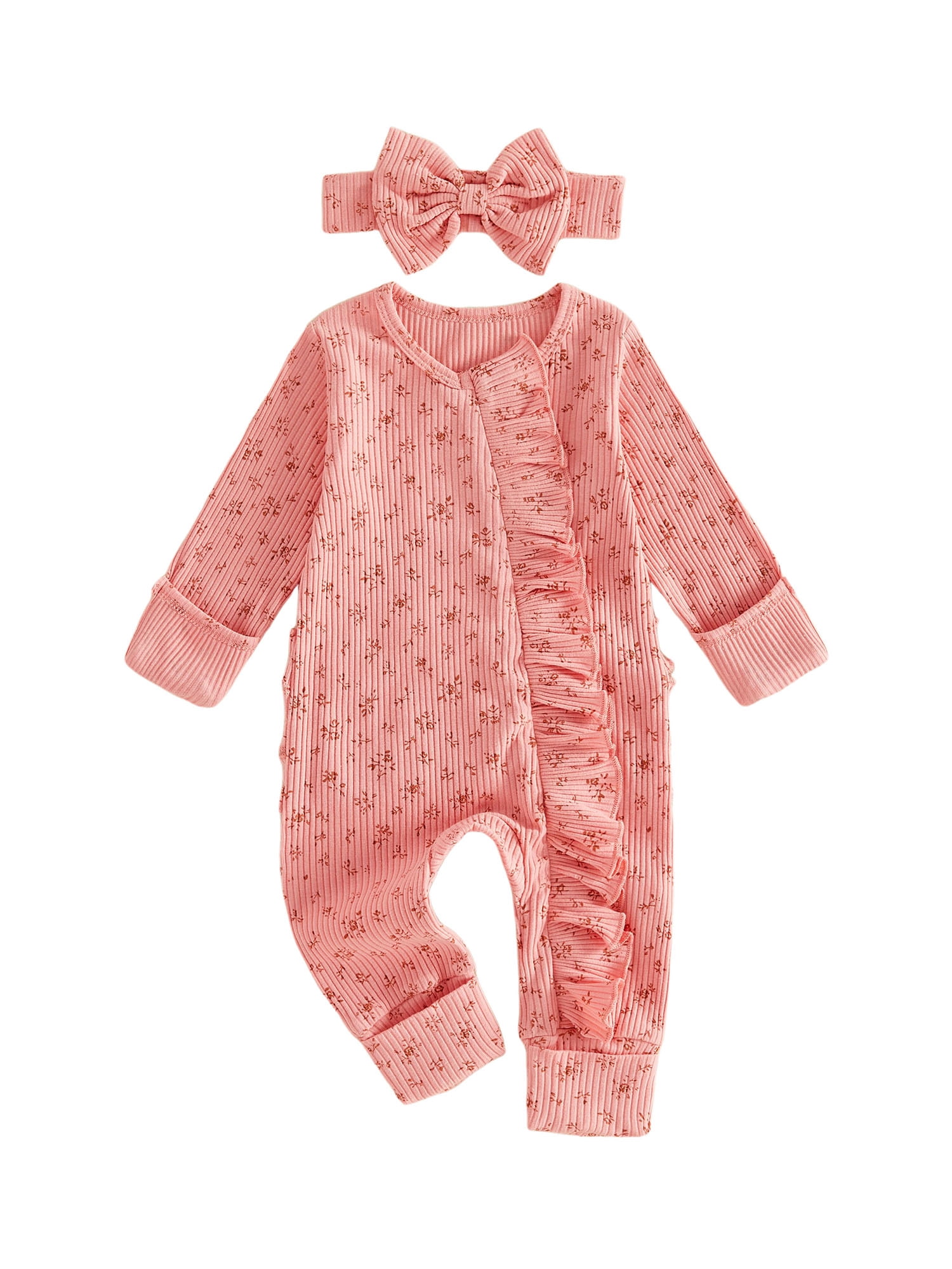 BemeyourBBs Newborn Baby Girl Ruffled Ribbed Romper and Headband Set (Pink, Preemie) df7ix