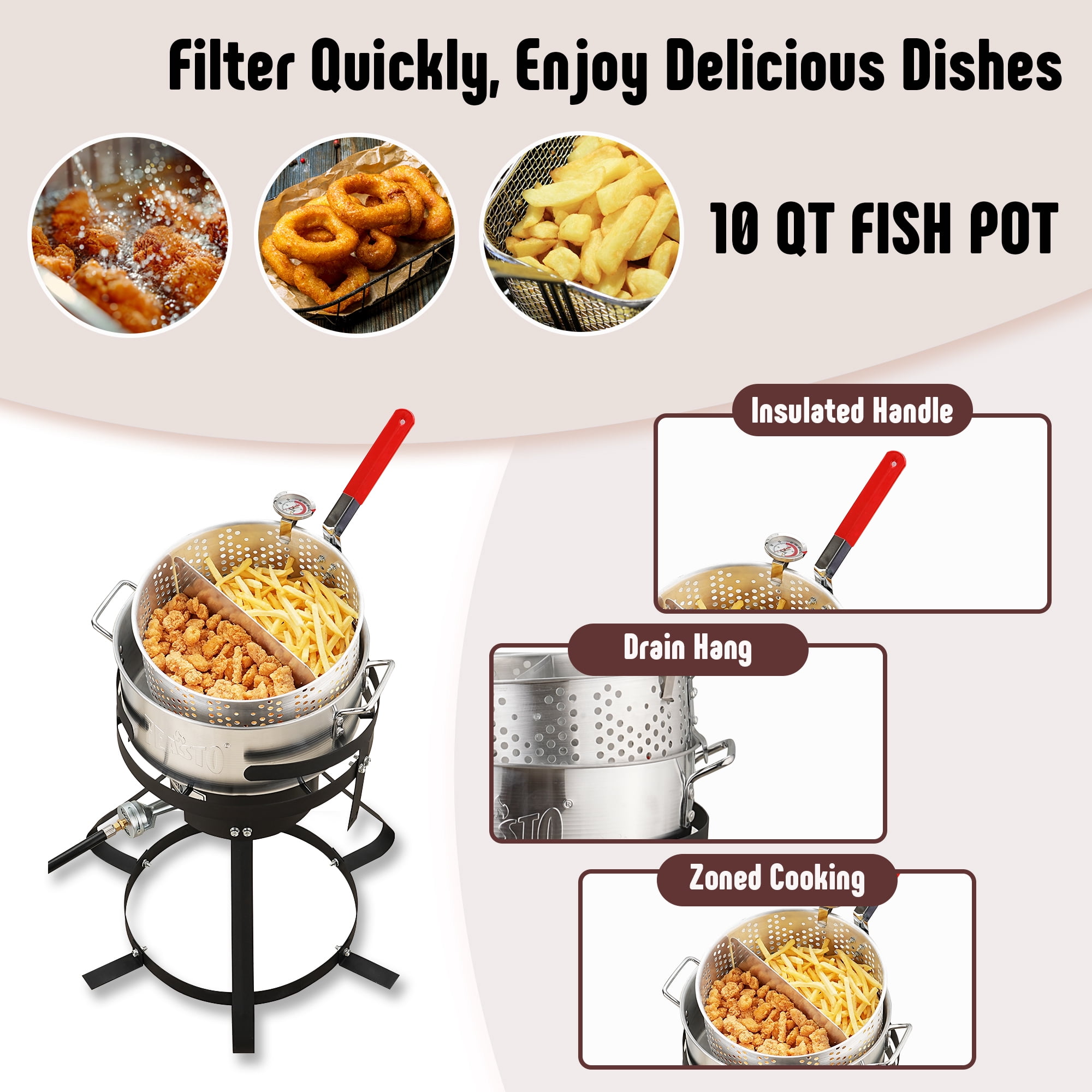Feasto Outdoor Propane Gas Fish Fryer Pot Kit with Strainer Basket and 50,000 BTU Burner (Silver, 10 qt) fxjcn