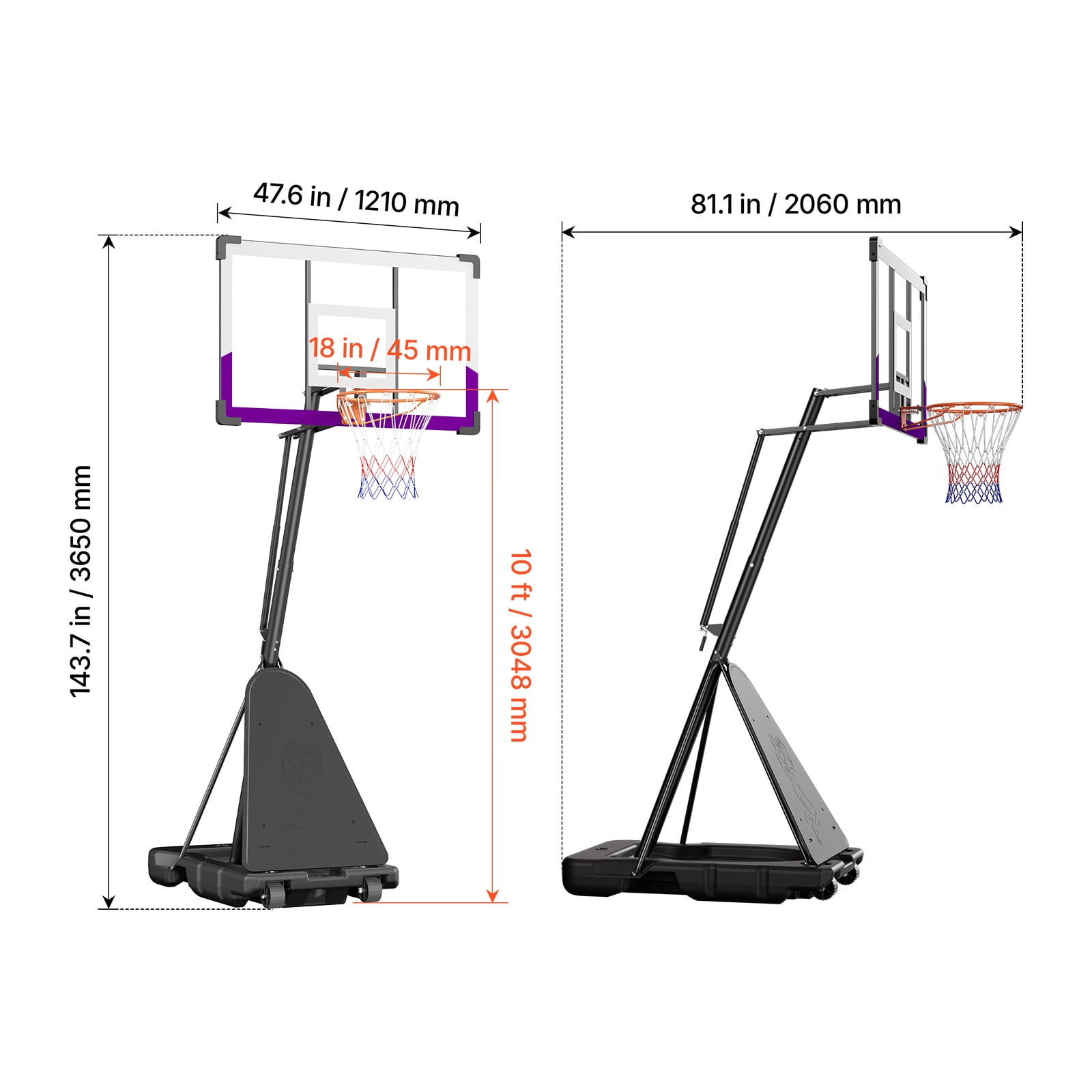 KFFKFF Portable Basketball Hoop System with Adjustable Height (10 ft, 48-inch Backboard, Black) 0vue8