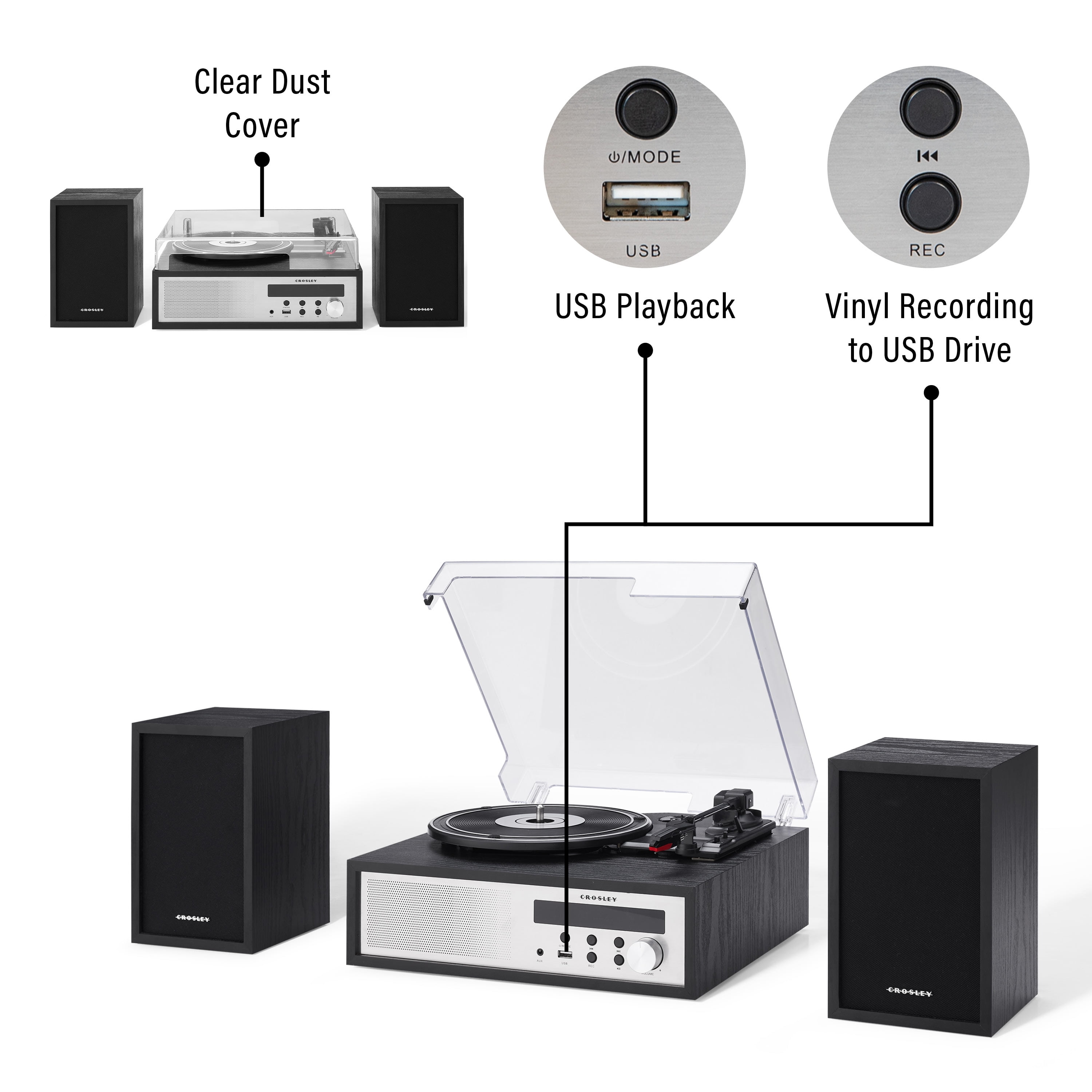 Crosley Sloane Record Player with External Speakers and Bluetooth (Black) 6f1ou - Image 3