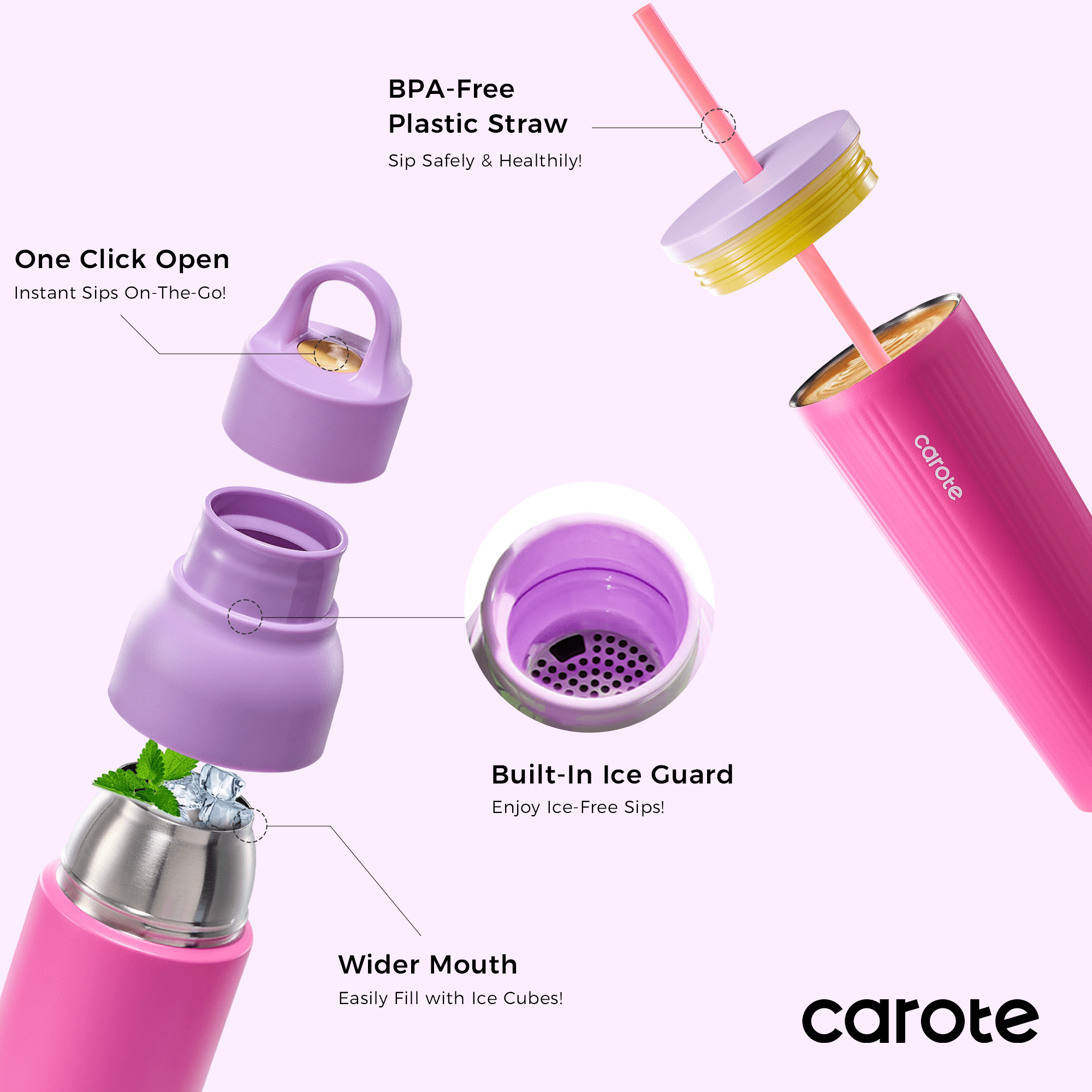 Carote Insulated Stainless Steel Water Cup Set, Double-Wall Vacuum Sealed, Leak-Proof Straw and Push Lid (Pink, 19 fl oz & 21 fl oz 2-Pack) qvsm3