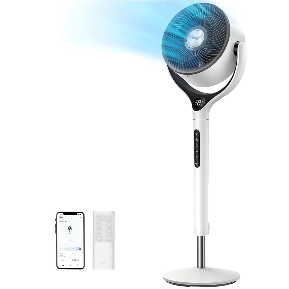 DREO Smart 9-Inch 3D Oscillating Pedestal Fan with Wi-Fi and Remote (White, 37-42 in Height) u38y8