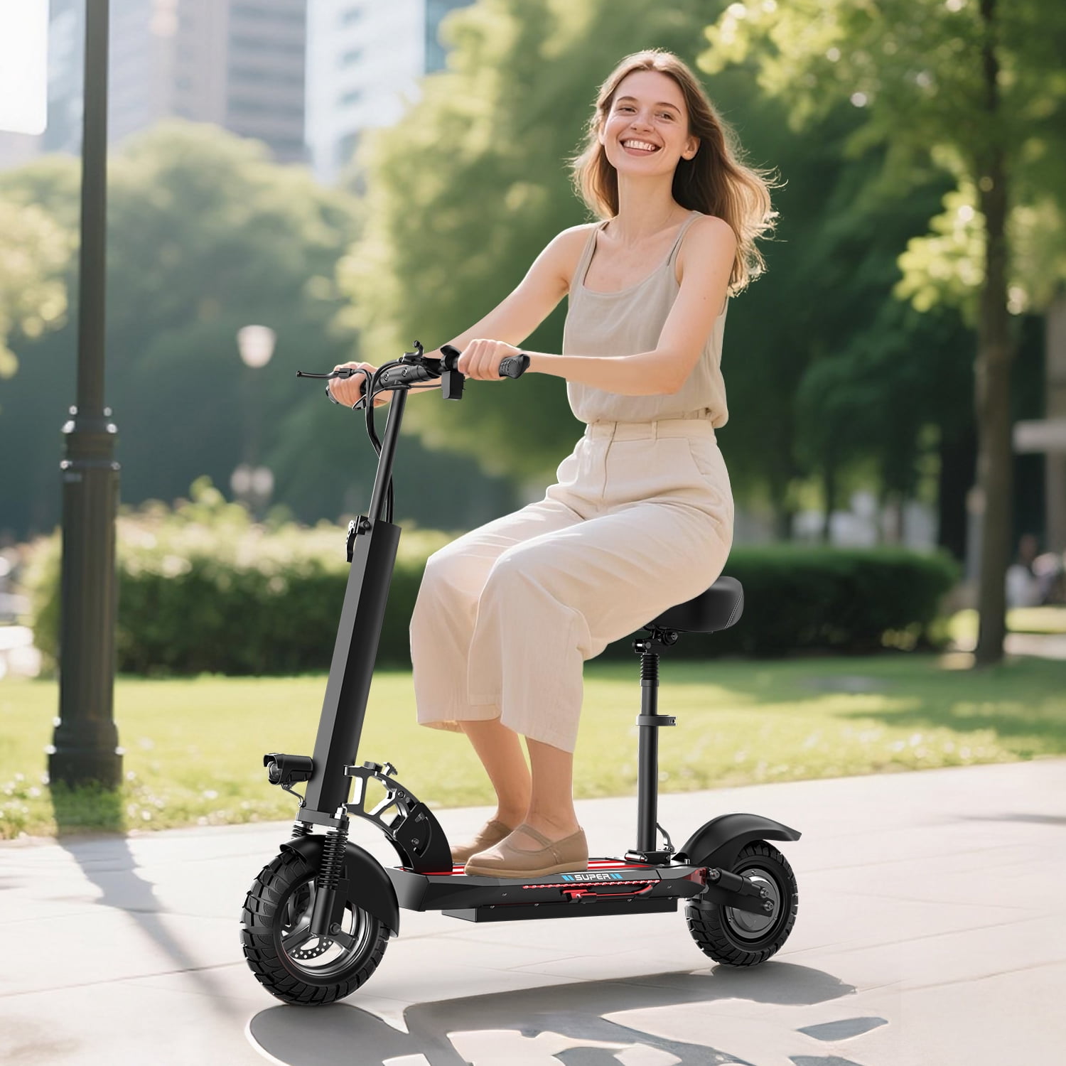 GWEIT Electric Scooter with Seat, 1500W High-Torque Motor, 26MPH Top Speed, 45-Mile Range, Dual Suspension, 10-inch Off-Road Tires (Black, 330 lb Weight Capacity) g95js