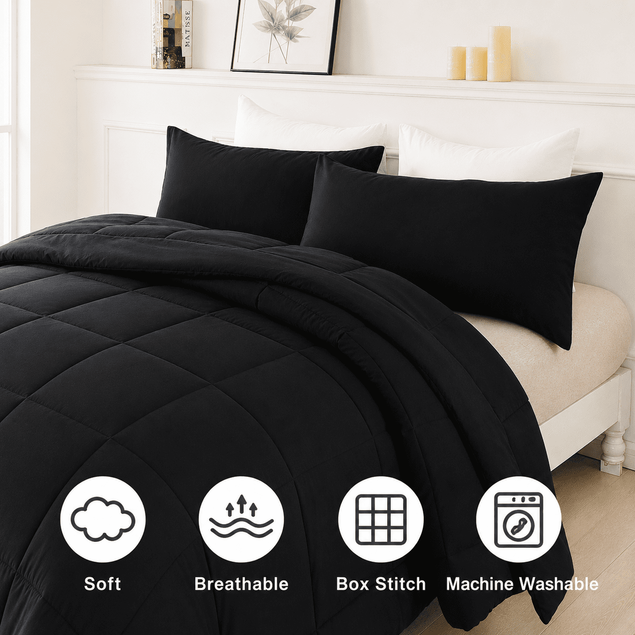 YEPCLUB 3-Piece Queen Size Comforter Set, Reversible Down Alternative Bedding with Pillowcases (Black, 88 in x 90 in) vwvlw