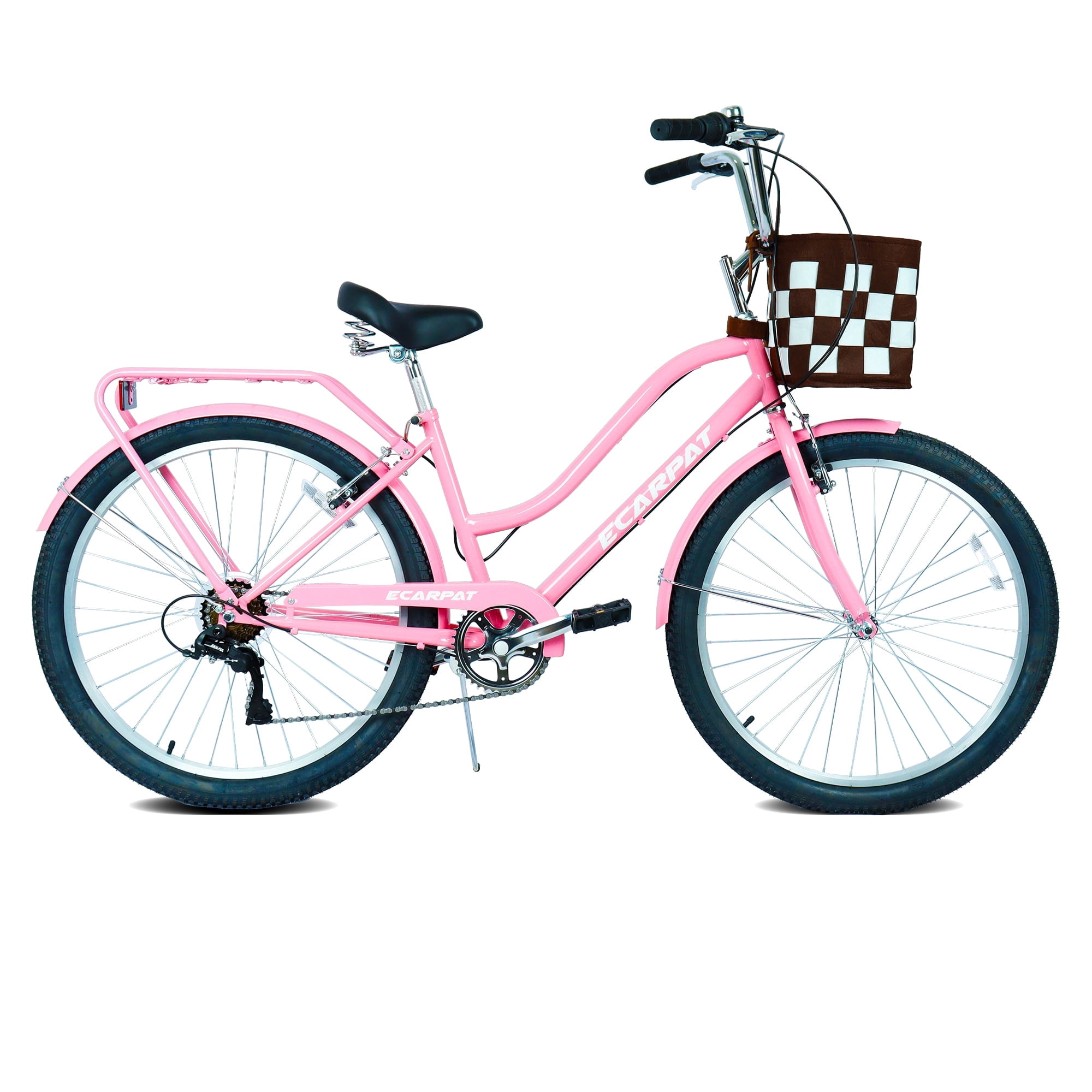 Raistyw 7-Speed Cruiser Bike, Lightweight City Commuter Bicycle with V-Brakes and Detachable Basket (Pink, 26 in) og8az