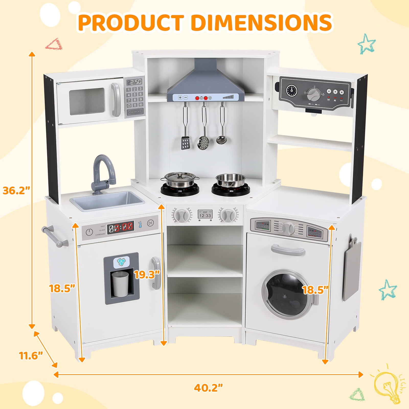 Pirecart Kids Corner Play Kitchen Wooden Cooking Pretend Playset with Lights and Sounds (White) imhzp