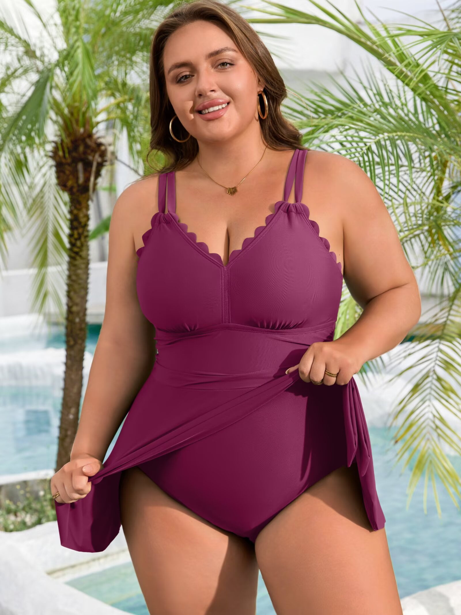 Asoul Womens Plus Size Scalloped V Neck One Piece Swimdress (Red, 1X) wde63