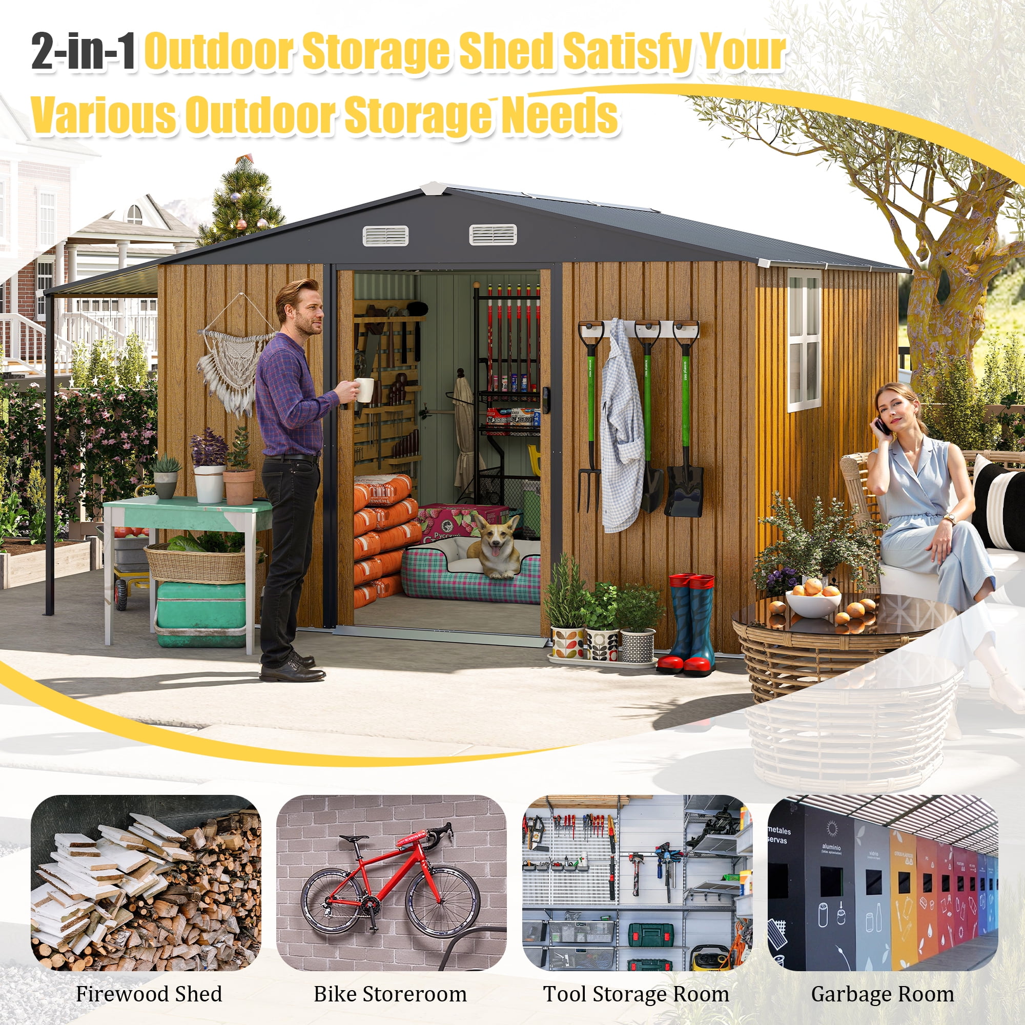 FFZ Outdoor Storage Shed with Firewood Bay and Lockable Doors (Yellow, 10 ft x 12 ft) s7b61