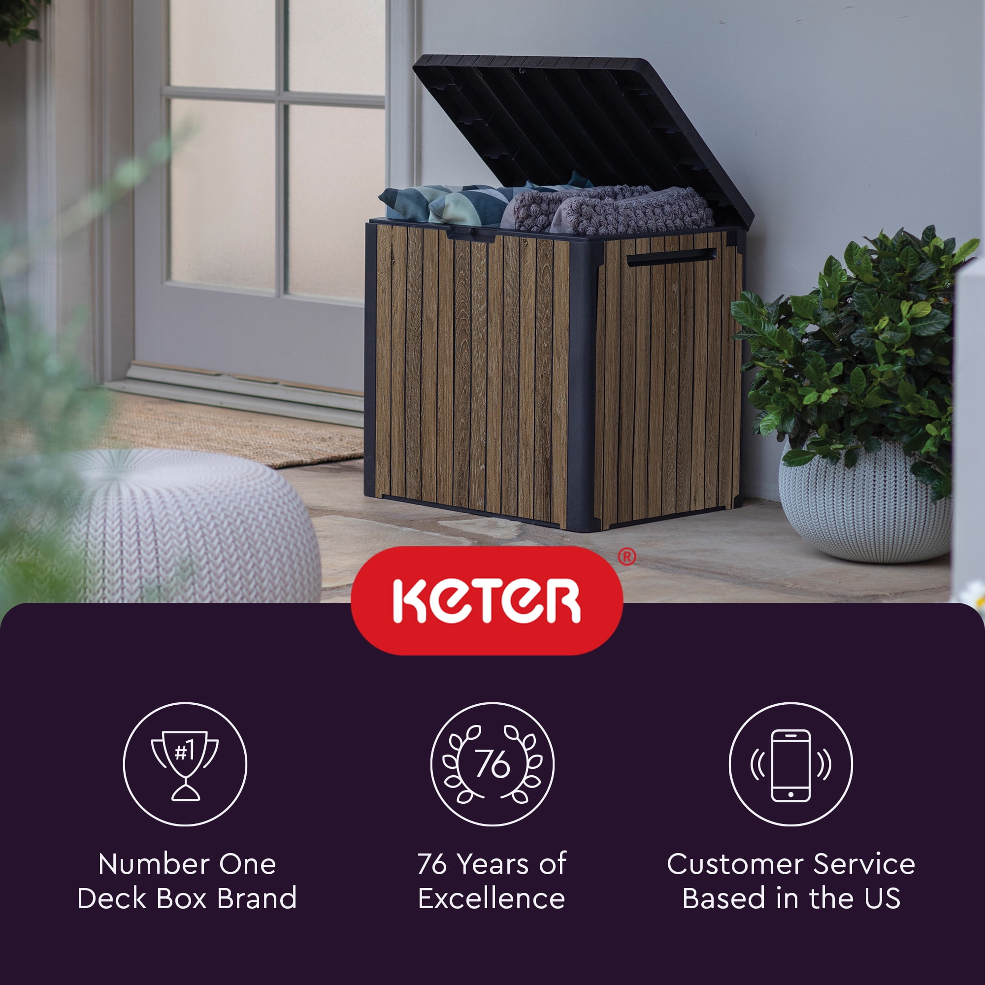 Keter Signature Everwood 30 Gallon Resin Outdoor Storage Box and Patio Side Table (Walnut, 22.75 in L x 17.3 in W x 21.6 in H) hzwfm