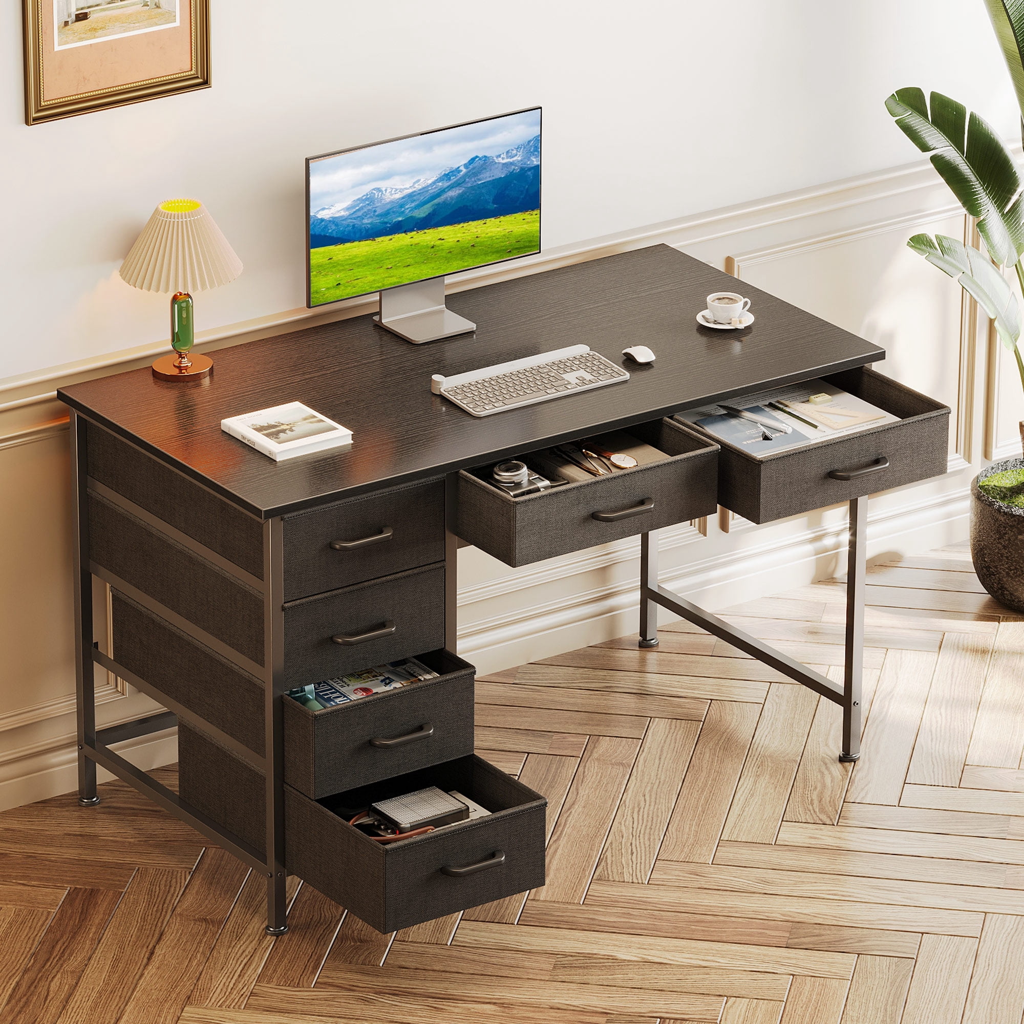 Casacomoda Home Office Desk with 6 Drawers, Modern Computer Desk for Small Spaces (Black, 40 in) 7foyz