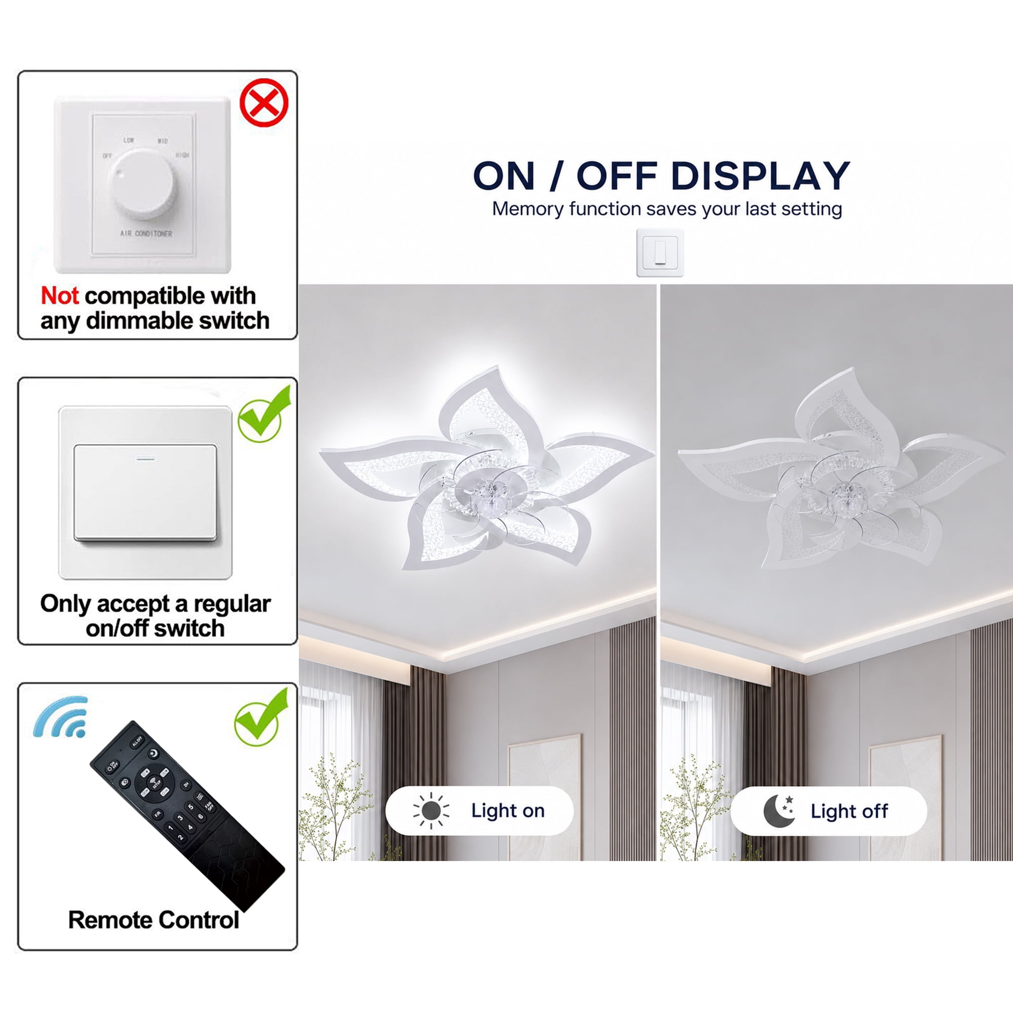 Garwarm 24.6 in Flower Ceiling Fan with Light, Low Profile Flush Mount Fandelier, Dimmable LED Light with Remote, 6-Speed Reversible Motor (White, 24.6 in) b9vrf