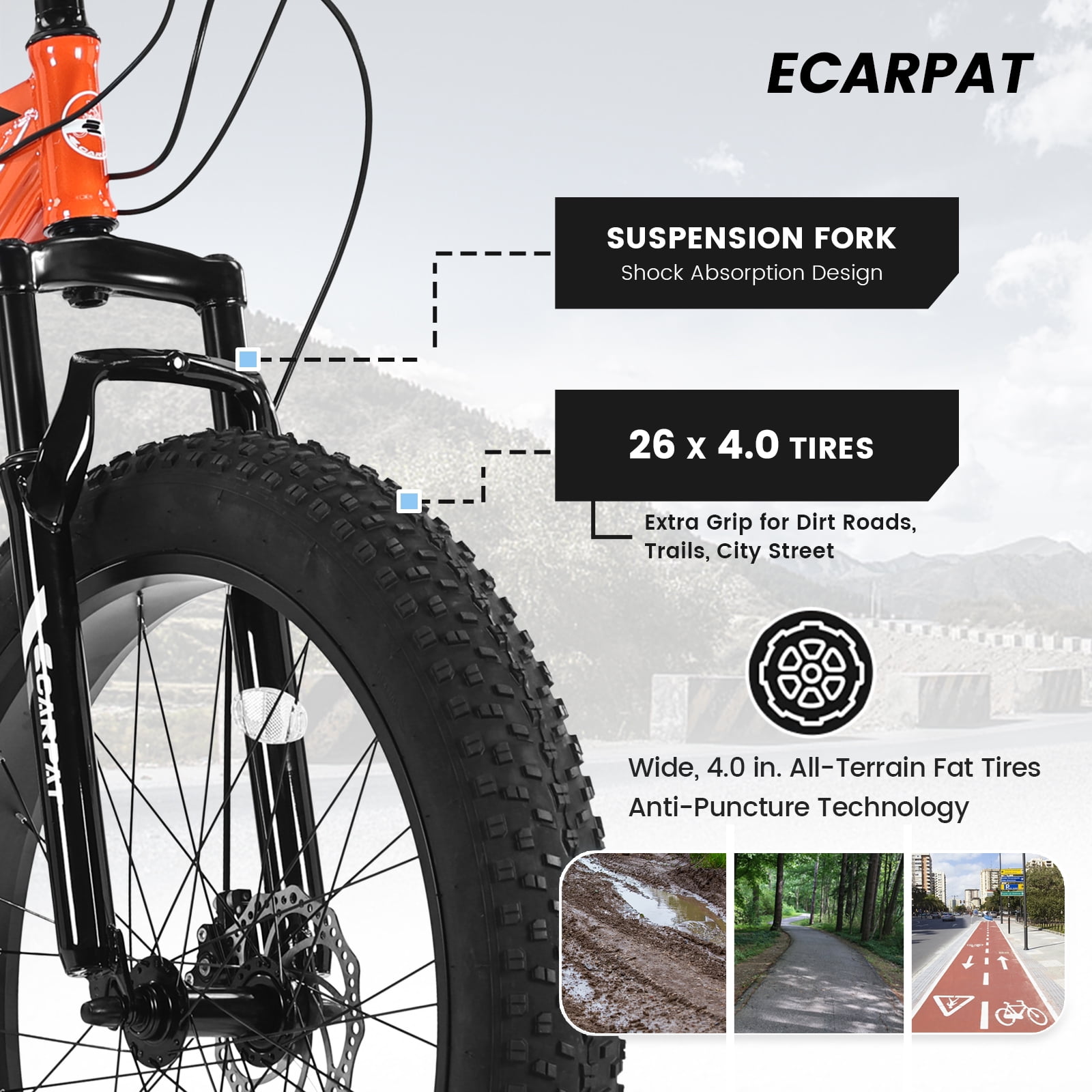 Ecarpat 26 Inch Fat Tire Mountain Bike, 21-Speed All-Terrain MTB with Dual Disc Brakes and Front Suspension (Orange, 26 in) 5wrqs