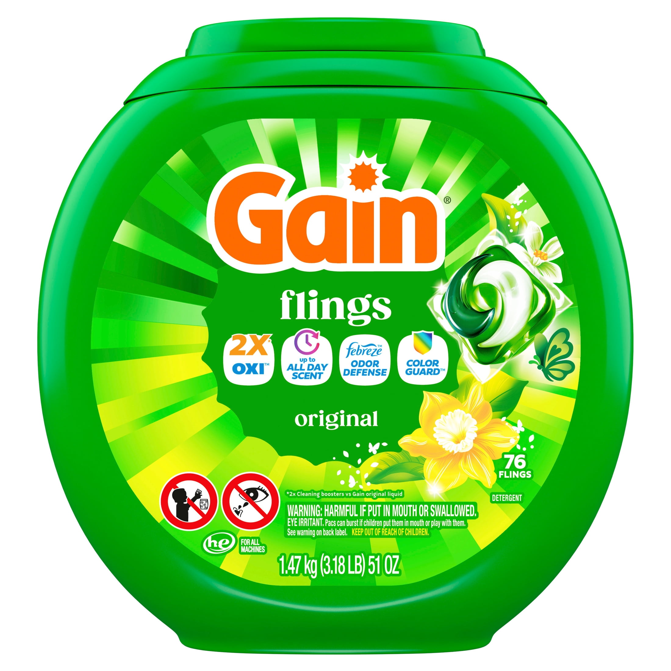 Gain Flings Laundry Detergent Pacs, 3-in-1 Oxi Boost and Febreze, Original Scent (76 Count) geu22