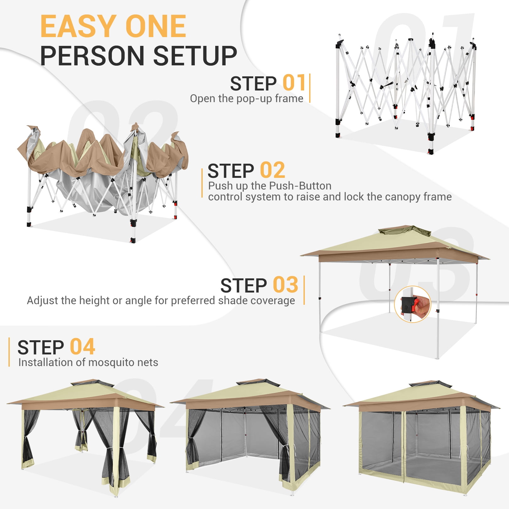 SANOPY Outdoor Pop-up Gazebo with Mosquito Netting and Sandbags (Light Brown, 12x12 ft) 63tns