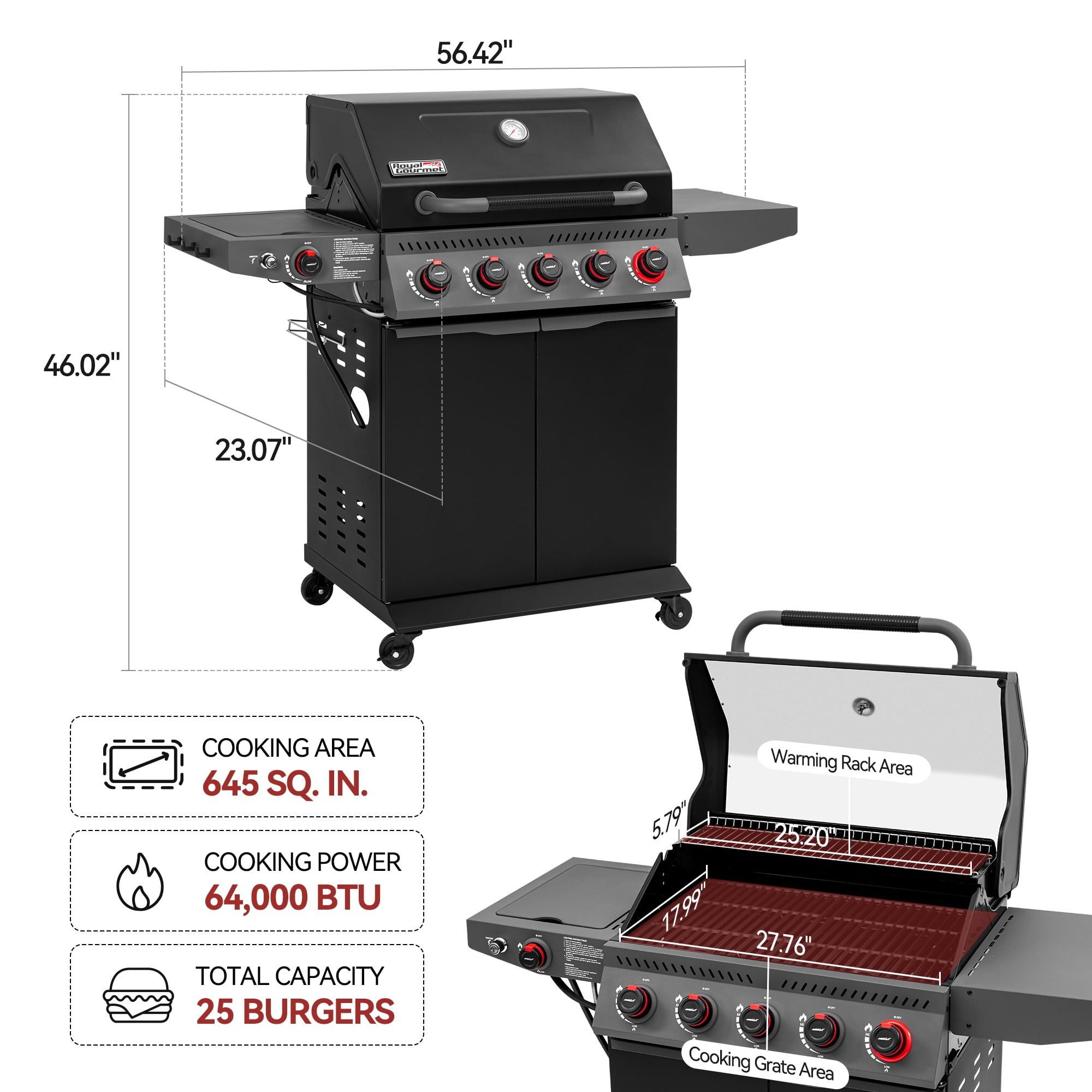 Royal Gourmet GA5407H 5-Burner Gas Grill with Sear Burner and Side Burner (Black, 645 sq in) n75si