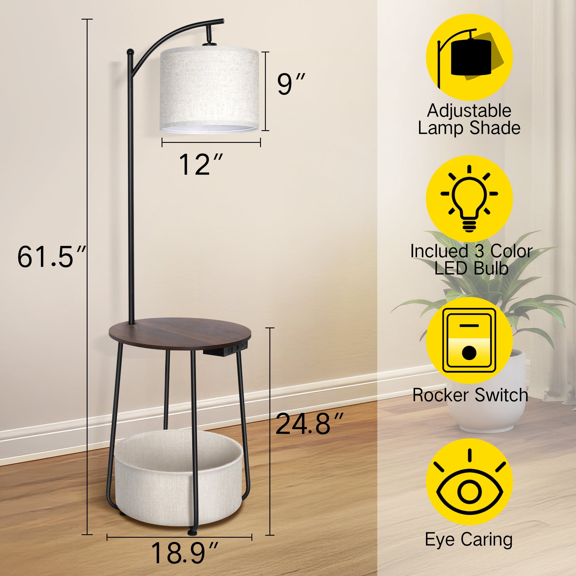 Outon Floor Lamp with Side Table, Dimmable LED Standing Lamp with USB-C Charging Port and Storage Shelf (Walnut, 61.4 in) 01dv6