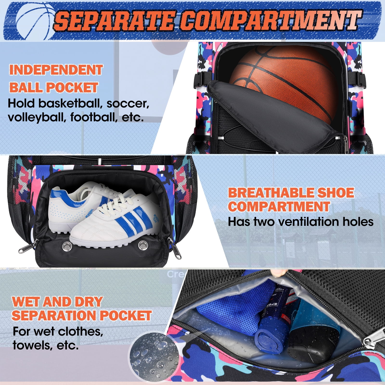 Rainsmore Basketball Backpack with Separate Ball Holder and Shoe Compartment (Pink, 14.2 in x 9.8 in x 20.9 in) 247oo