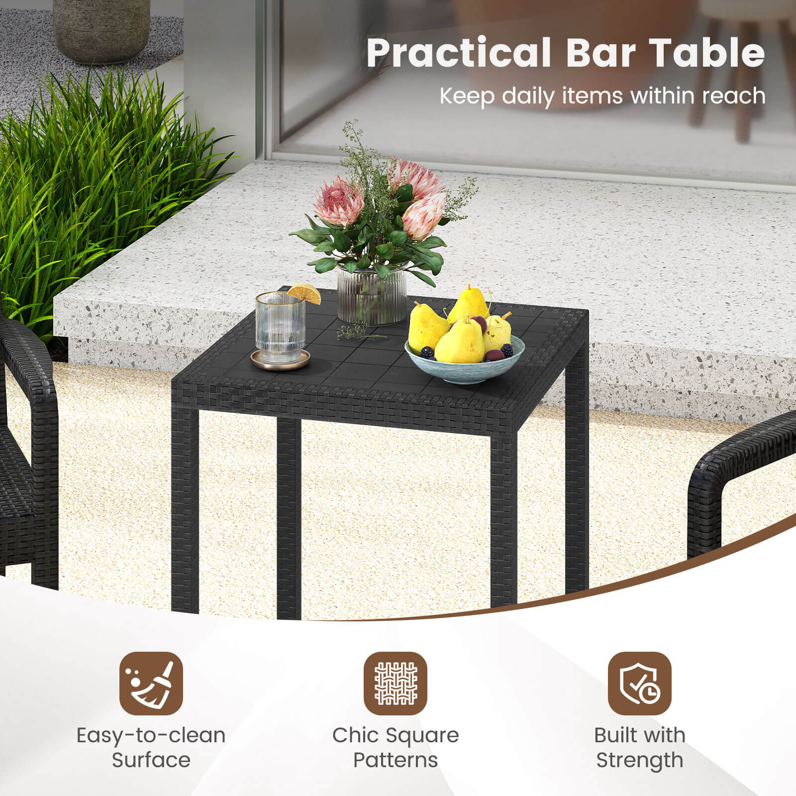 Costway 3-Piece Patio Bar Set with 2 Stools and 1 Bar Table (Black, 3-Piece Set) lf7dt