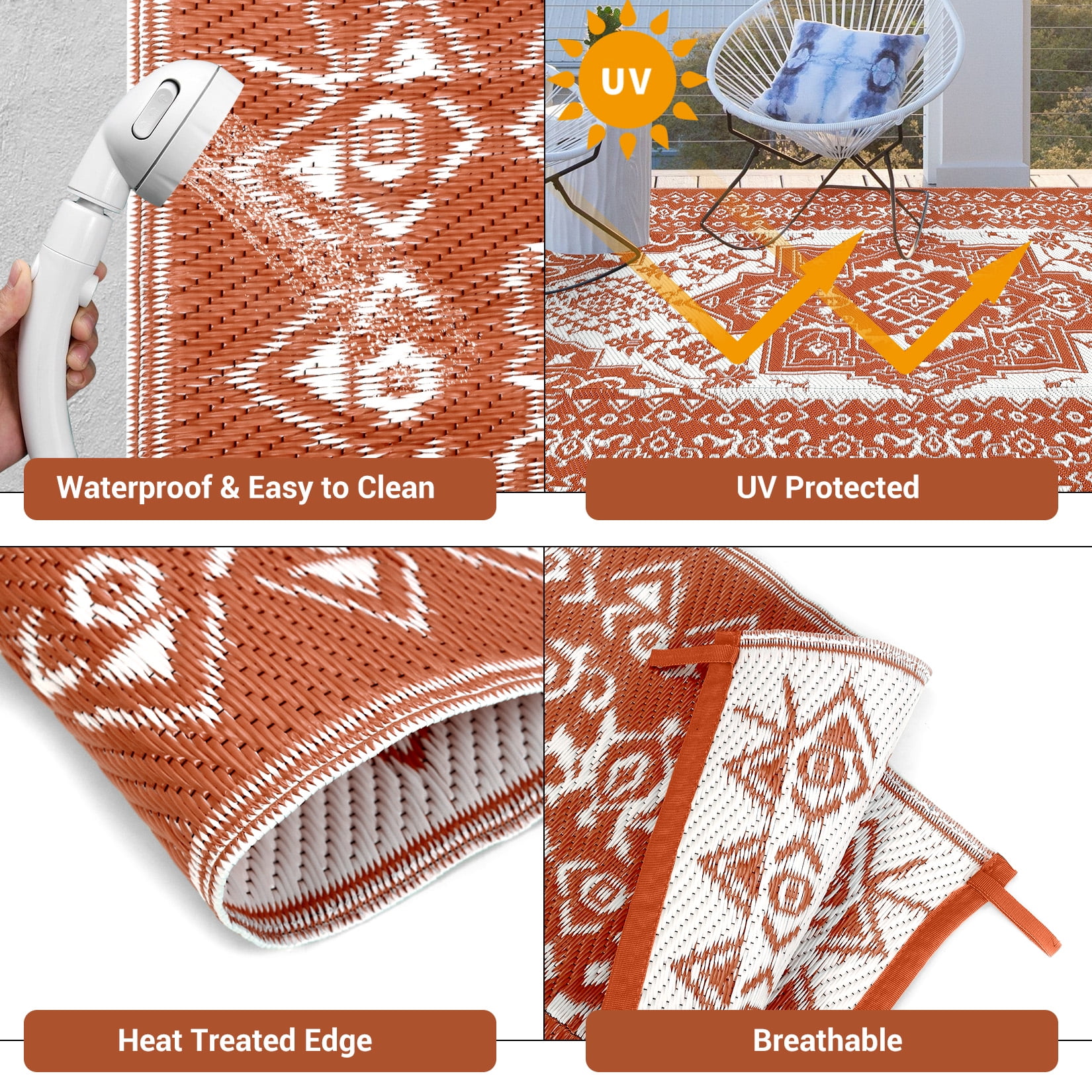 GlowSol Outdoor Area Rug, Waterproof Reversible Patio Carpet for Picnic and Deck (Brick Red/White, 8 ft x 10 ft) gx3b1