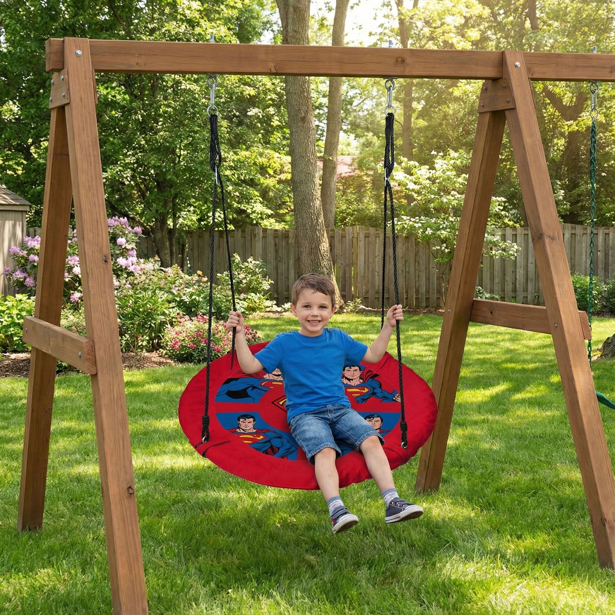Superman 40 in Saucer Tree Swing, Heavy-Duty Flying Disc Swing with Adjustable Ropes (Red, 40 in) f8x02