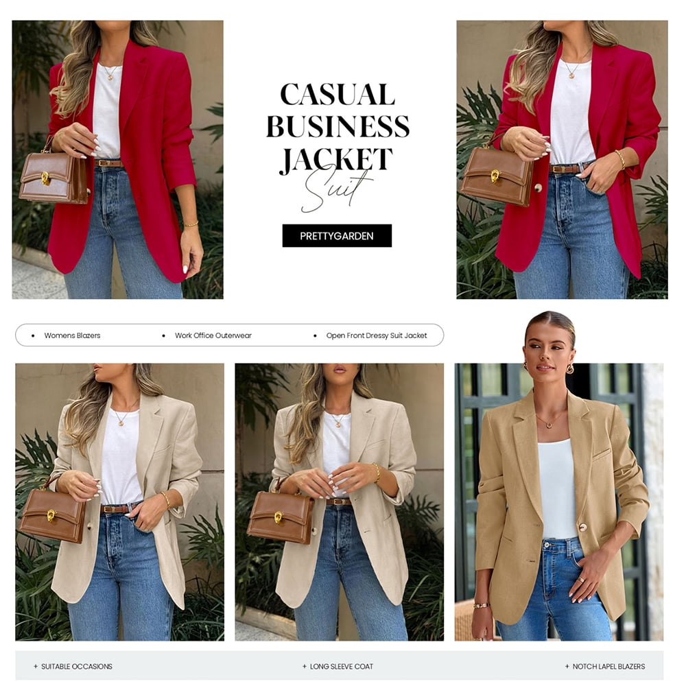 PRETTYGARDEN Women's Business Casual Blazer Open Front Long Sleeve Suit Jacket with Pockets (Beige, XL) 9tss9