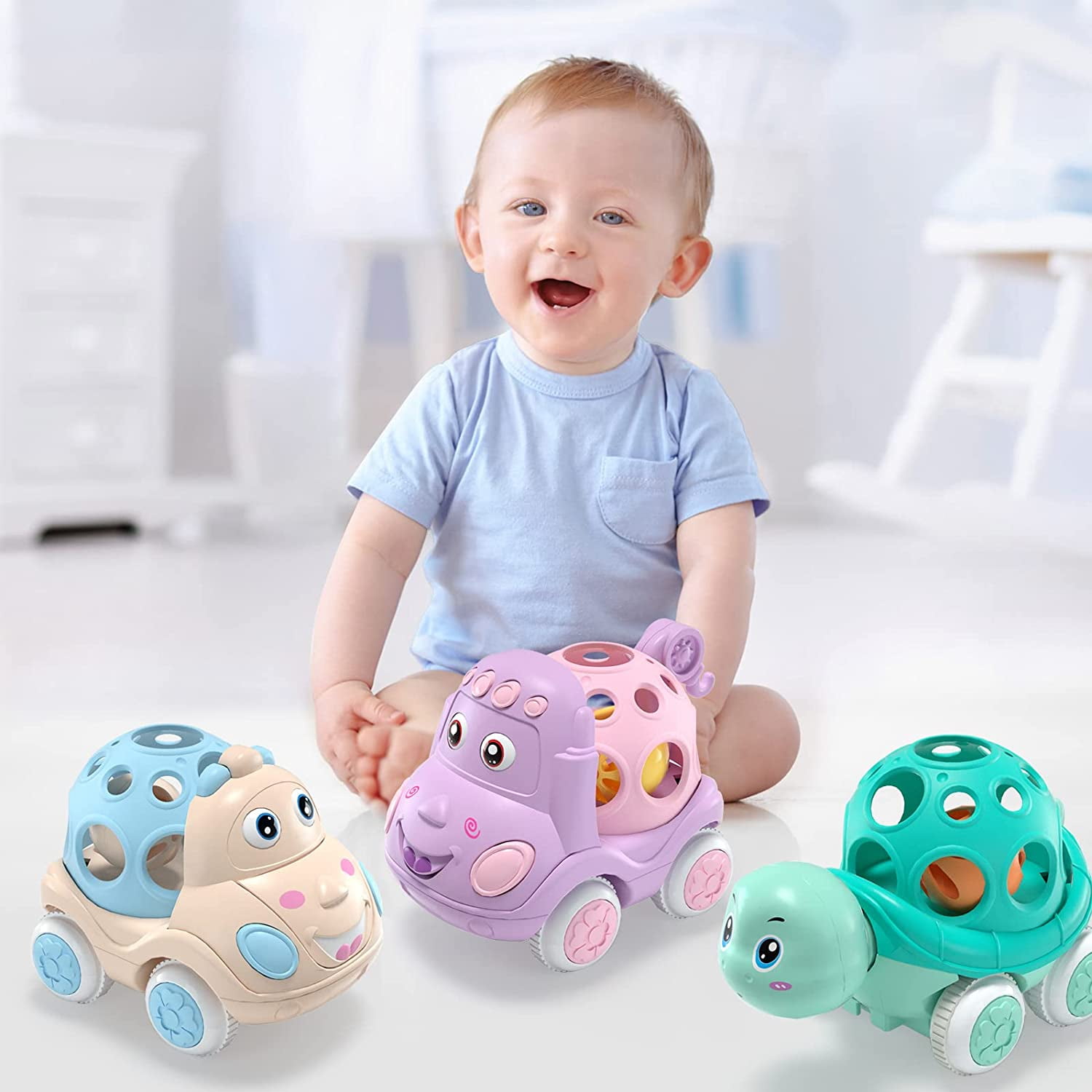 Fixdono Interactive Toddler Toy Cars, Educational Push and Go Vehicle Set for Boys and Girls (Blue, 4 in) 8iawy