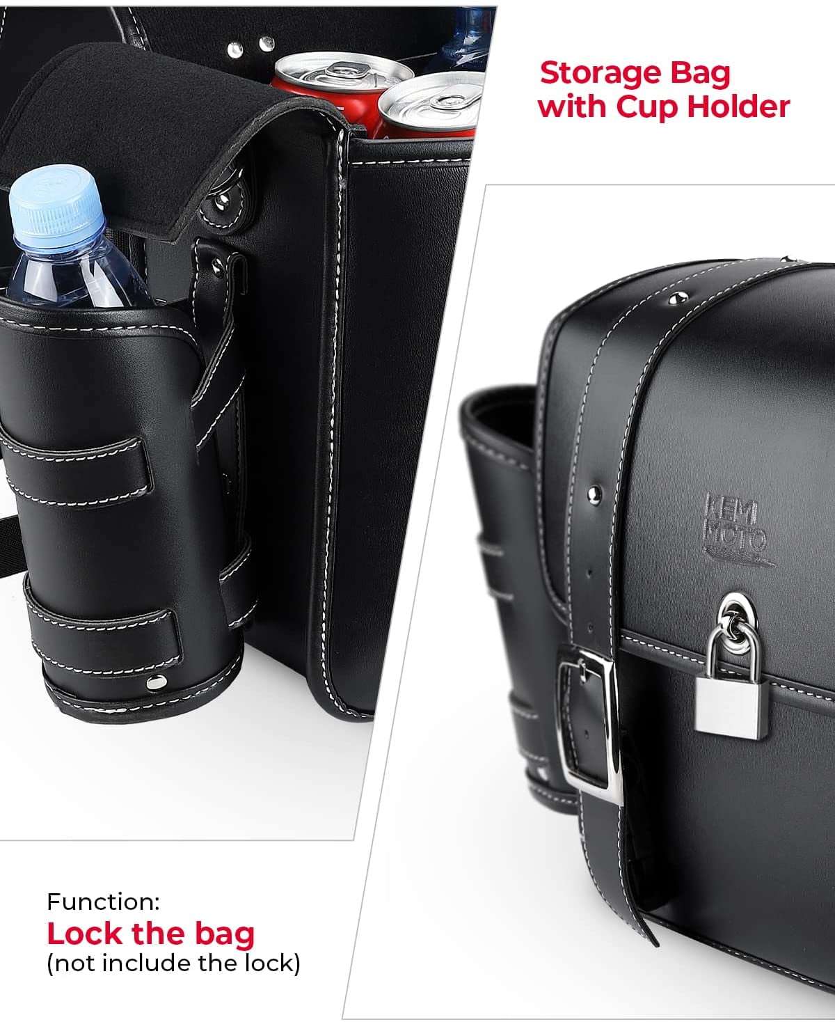 KEMIMOTO Motorcycle Saddlebags Universal Faux Leather Side Luggage Bags with Cup Holder (Black, 20L) cust7