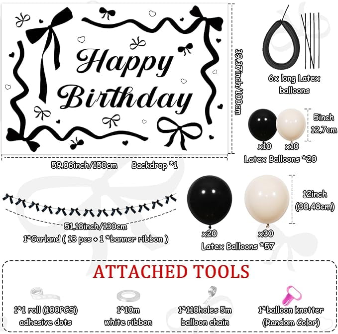 Generic Black Bow Birthday Party Decoration Set with Backdrop and Balloon Arch Kit (Black, 1 Set) bgcnd