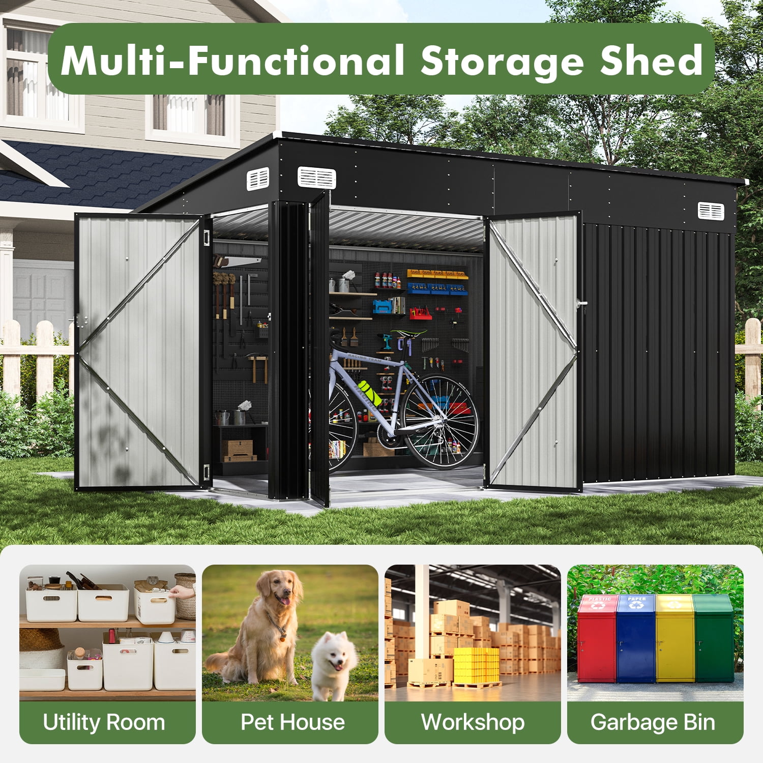 BaPiPro 12 ft x 8 ft Lean-to Metal Storage Shed, Outdoor Lockable Garden Shed with Triple Doors and Vents (Black, 12 ft x 8 ft) m8bqf