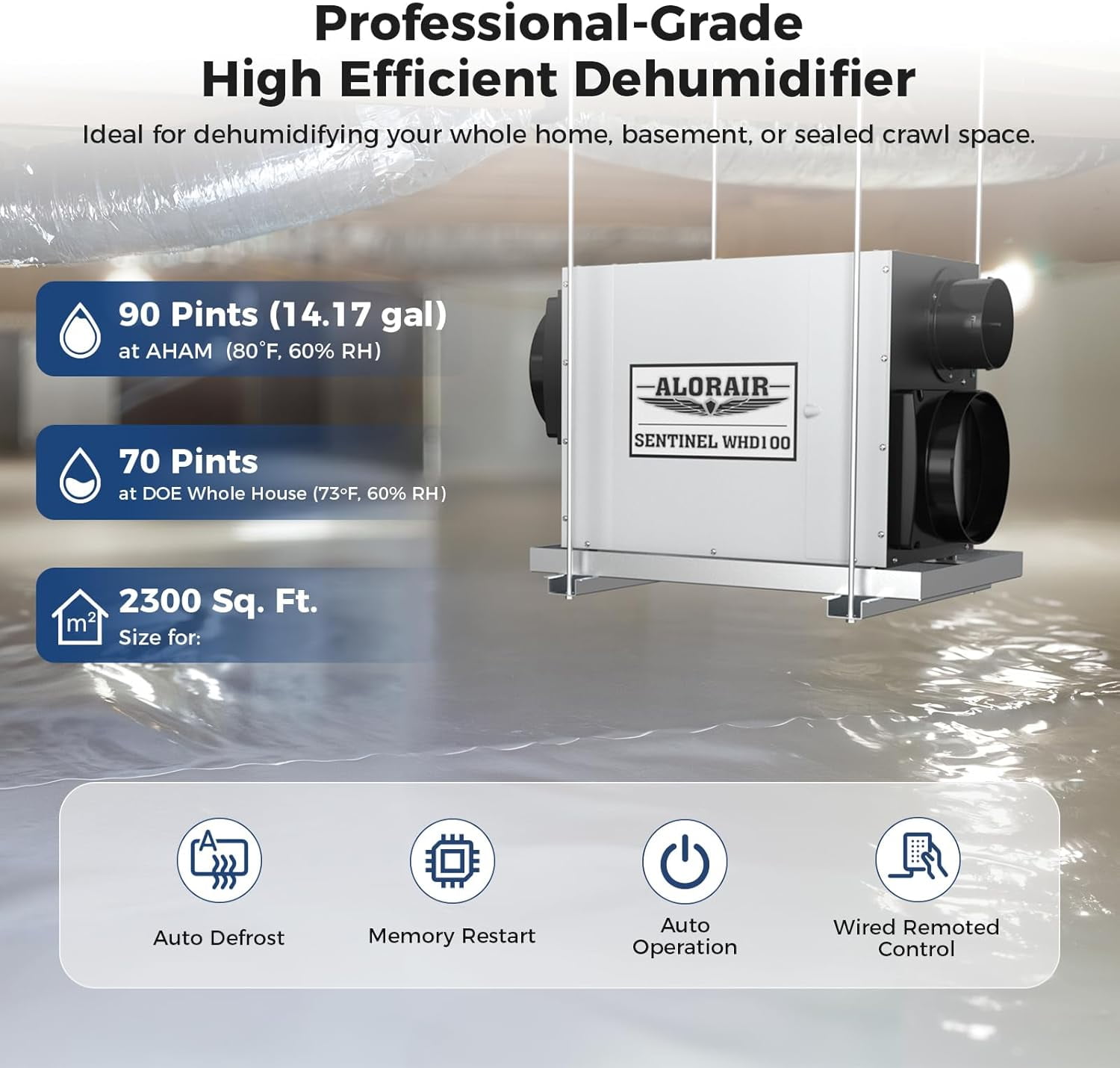 AlorAir 90 Pint Whole House Dehumidifier for Crawl Space and Basement (White, 2300 Sq. Ft.) s9imd
