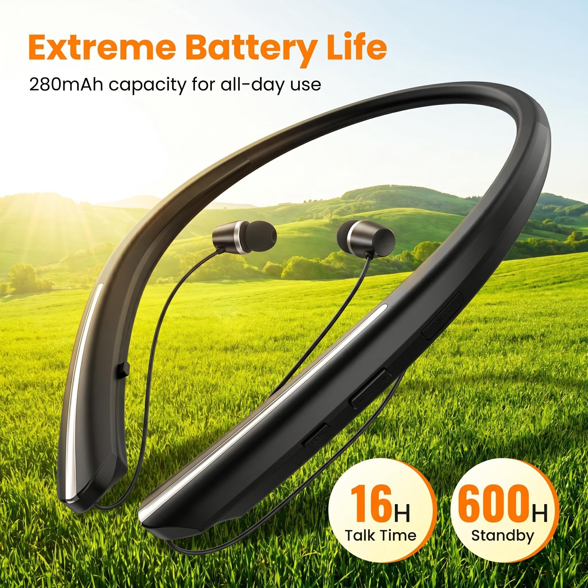 Leebein Neckband Bluetooth Headphones, Wireless Retractable Earphones with Noise Cancelling Microphone (Black, 1 Pack) lb6hr