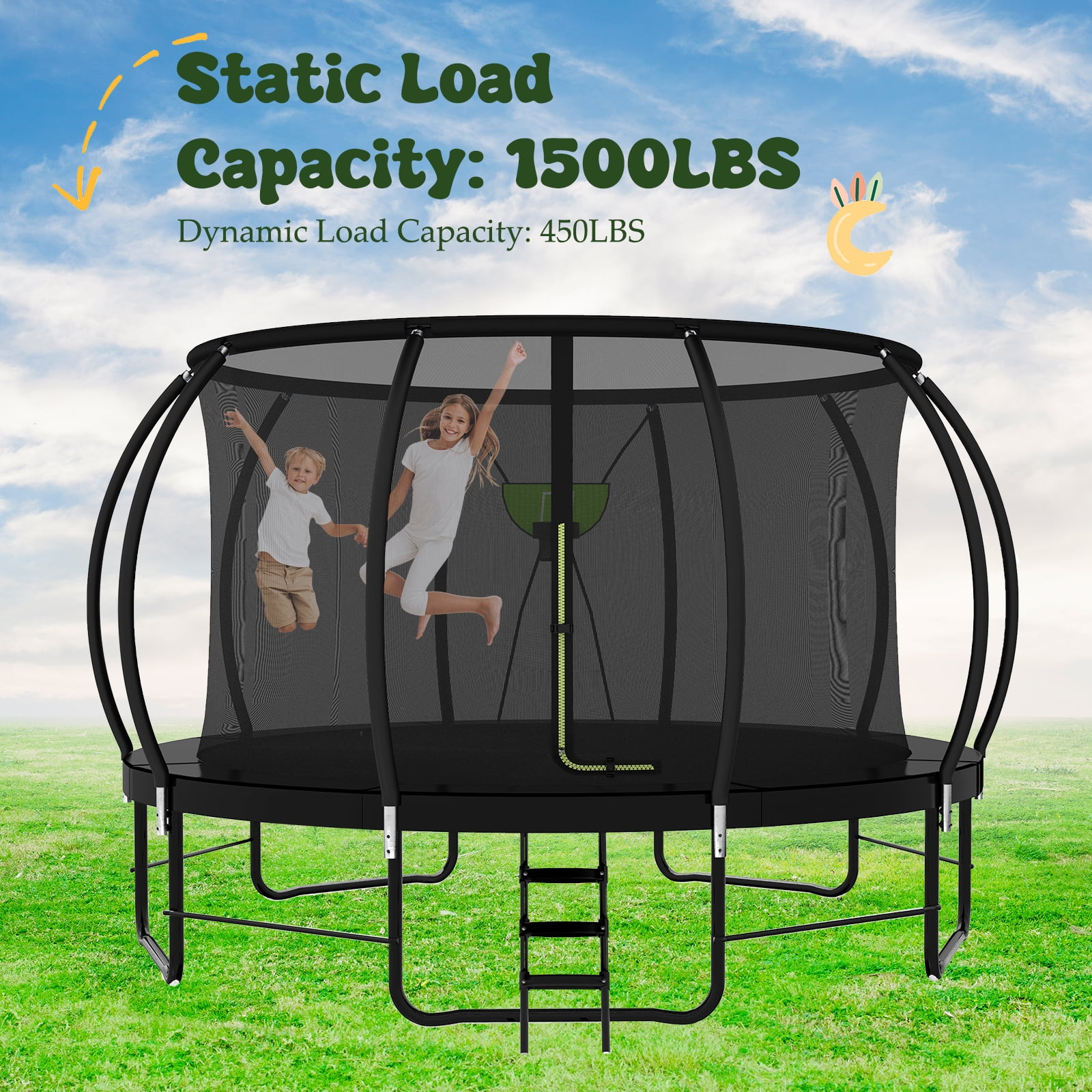 DVH 16ft Outdoor Recreational Trampoline with Safety Enclosure, Ladder, and Basketball Hoop Set (Black, 16ft) a916t