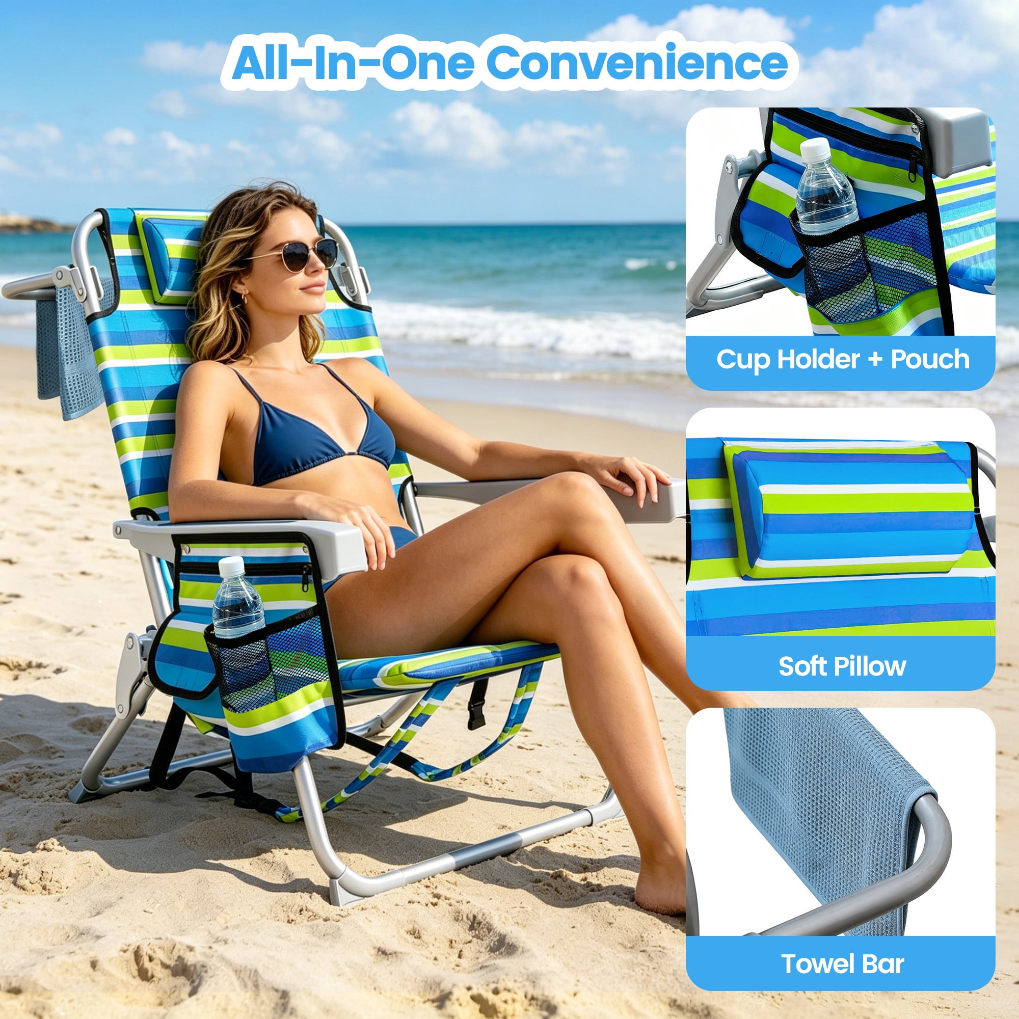ELFWOLF 5-Position Adjustable Reclining Backpack Beach Chair with Cup Holder and Storage (Blue & Green Stripe, Set of 2) zh5ba
