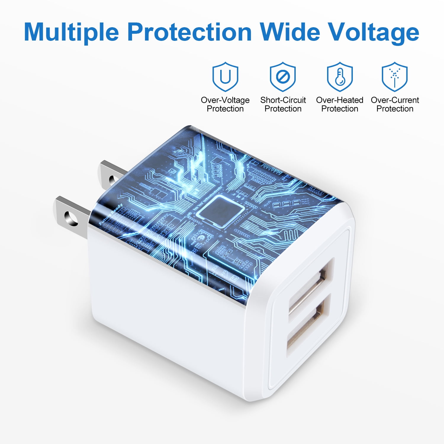 FiveBox Dual USB Wall Charger Block, Fast Charging Power Adapter Cube (4-Pack, Multicolor) 2mrhp