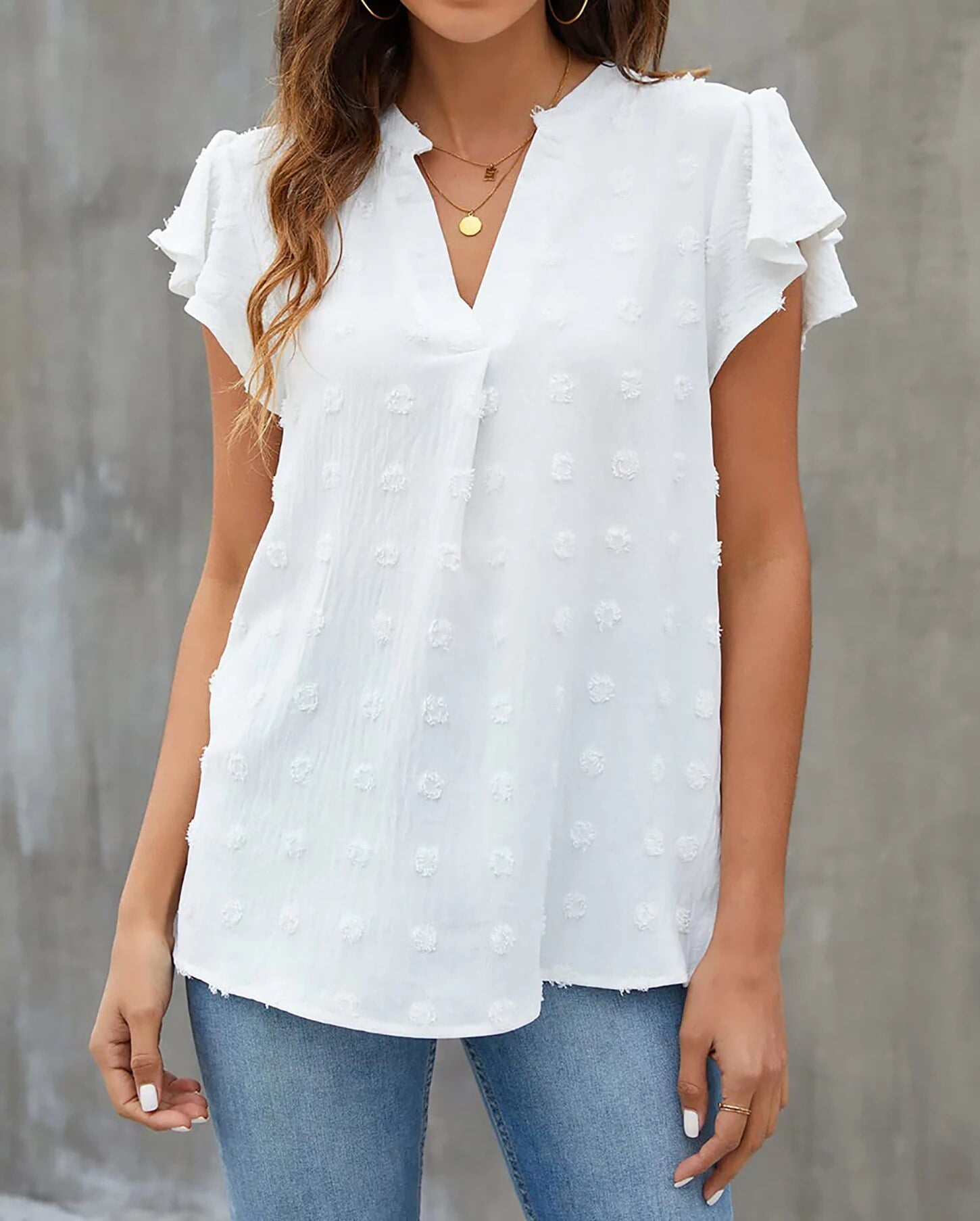 Fantaslook Women's Dressy V-Neck Ruffle Sleeve Blouse Casual Flowy Summer Top (White, L) 6oyn4