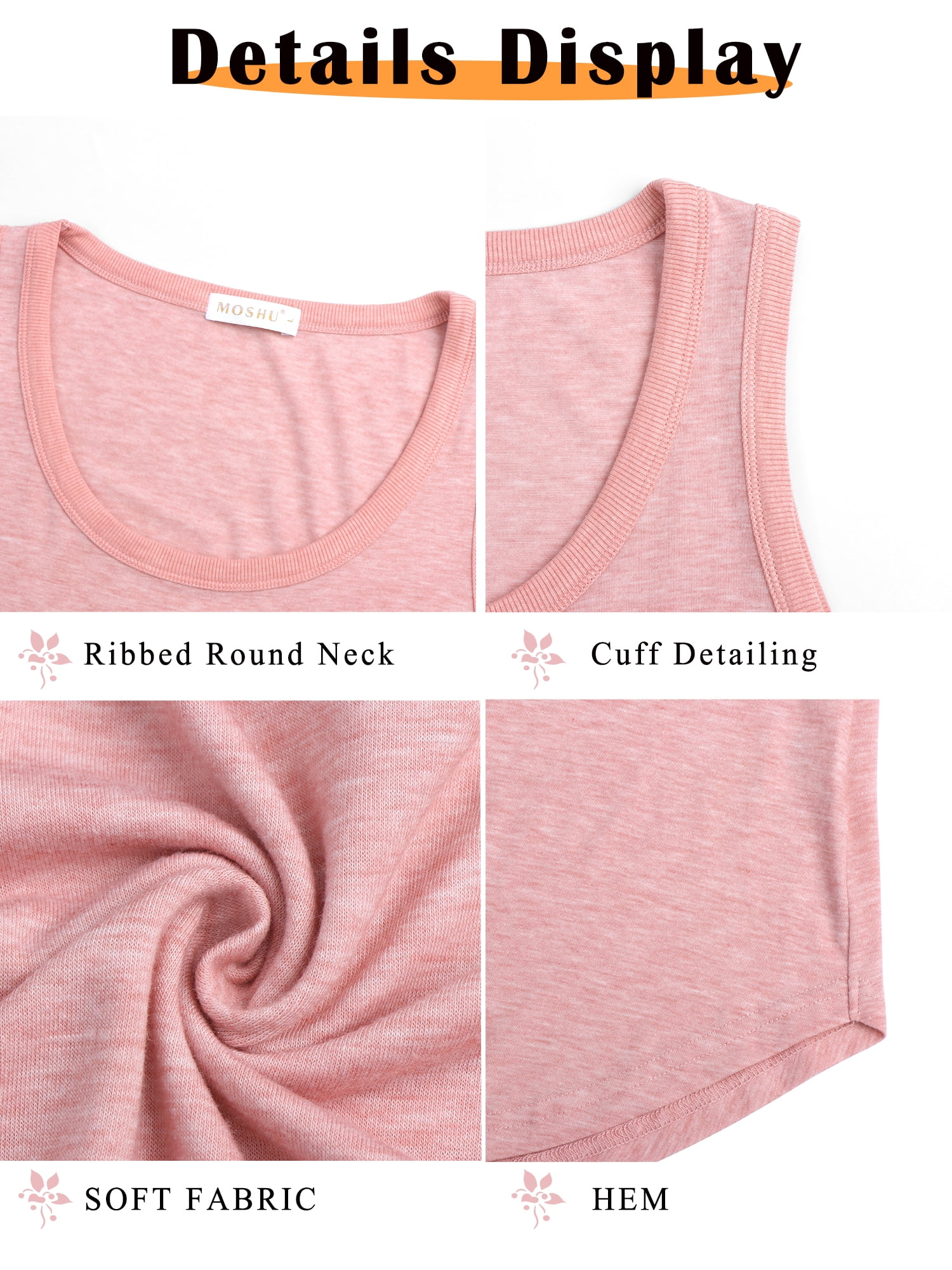 MOSHU Women's Ribbed Tank Top Flowy Round Neck Sleeveless Summer Shirt (Pink, L) m3u3u