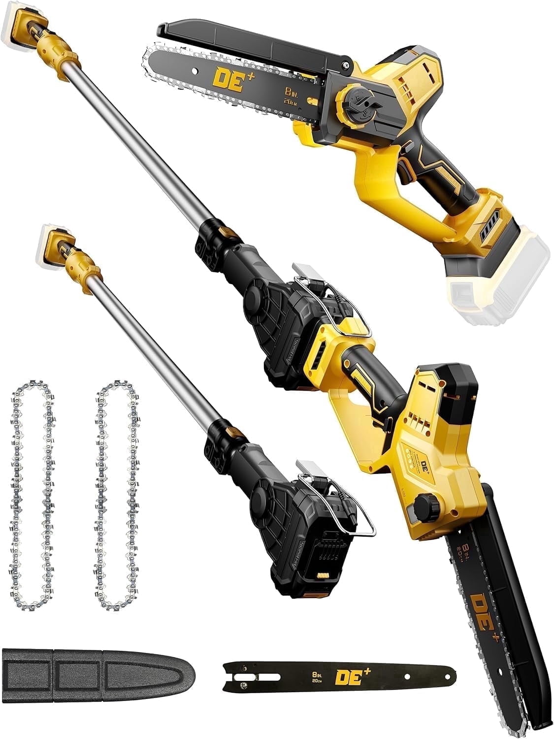 VANQUE 2-in-1 Cordless Pole Saw for DeWalt 20V Max Battery, Brushless 8 in Mini Chainsaw for Tree Trimming (Yellow, 16 ft Reach) 4gsyb