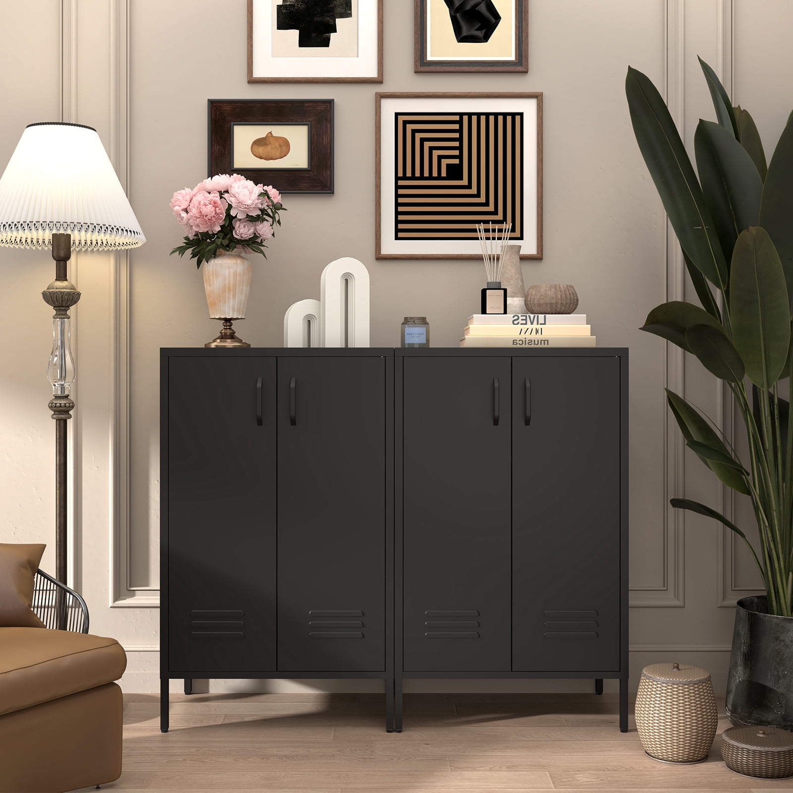 NICEGDLT Metal Storage Cabinet with Adjustable Shelves and Magnetic Doors (Black, 2-Door) 972os