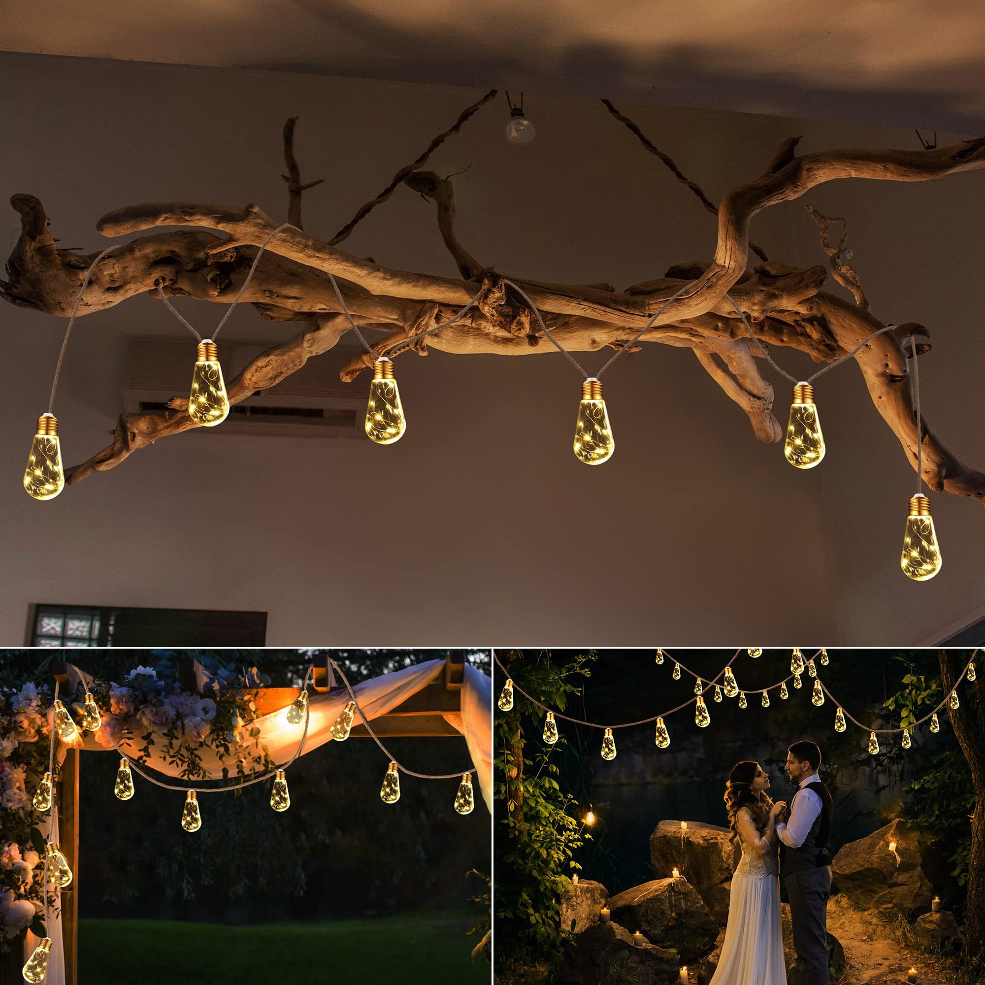Ceevoo Solar Outdoor String Lights, Vintage Hemp Rope Patio Lighting, Waterproof Warm White LED Decor (20 ft, 16 Bulbs) b1nf5