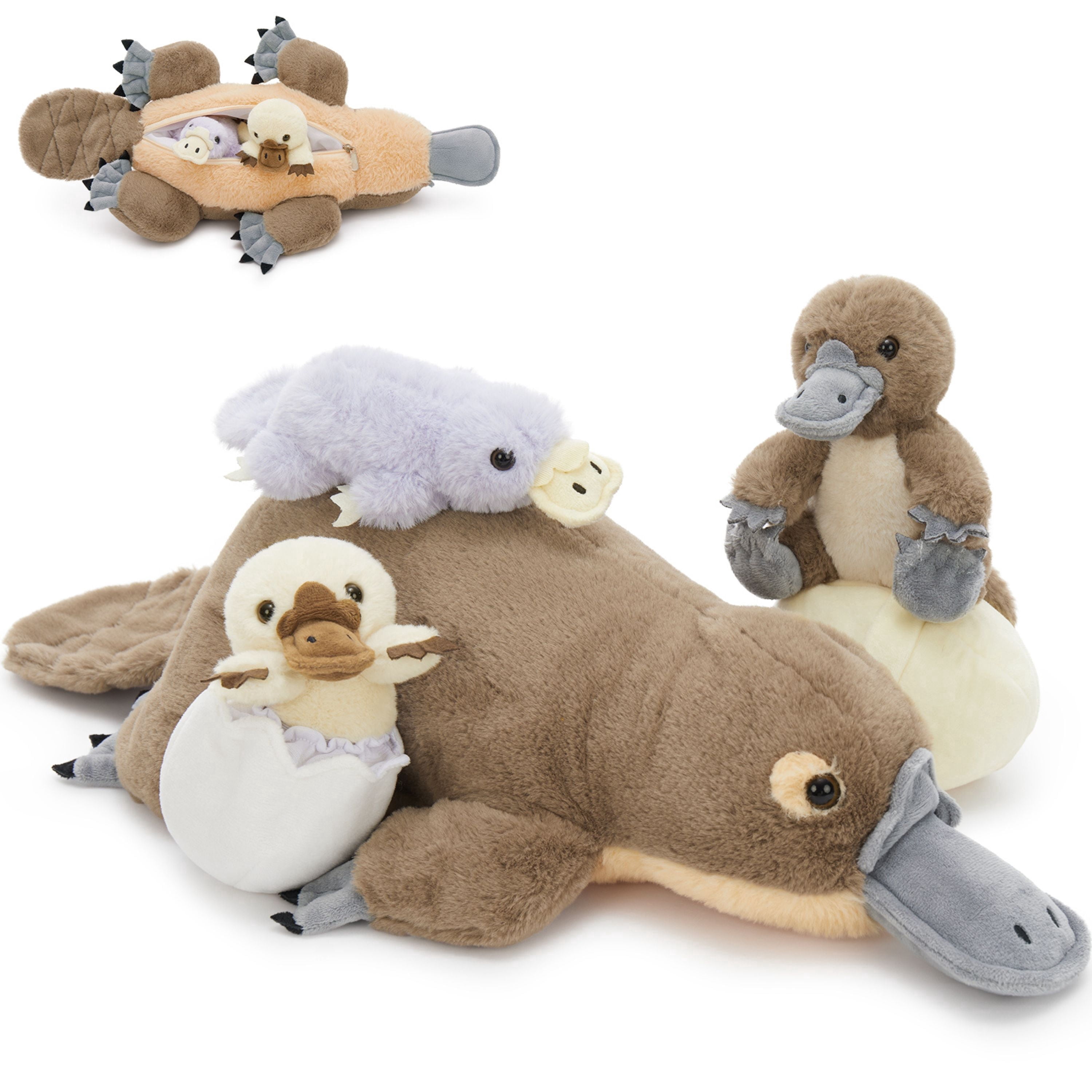 Muiteiur Giant Platypus Stuffed Animal Interactive Plush Toy Set with 3 Babies and 2 Eggshells (Grey, 21.7 in) smqme
