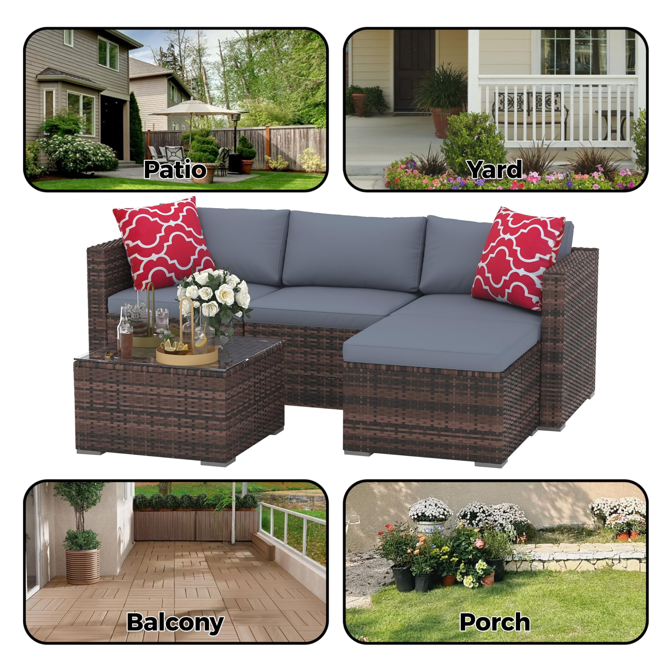 EliteEdge 5-Piece All-Weather PE Rattan Patio Sofa Set, Modular Outdoor Furniture with Tempered Glass Table and Waterproof Cushions (Brown Rattan, Light Grey Cushion, 5-Piece Set) i6xq3
