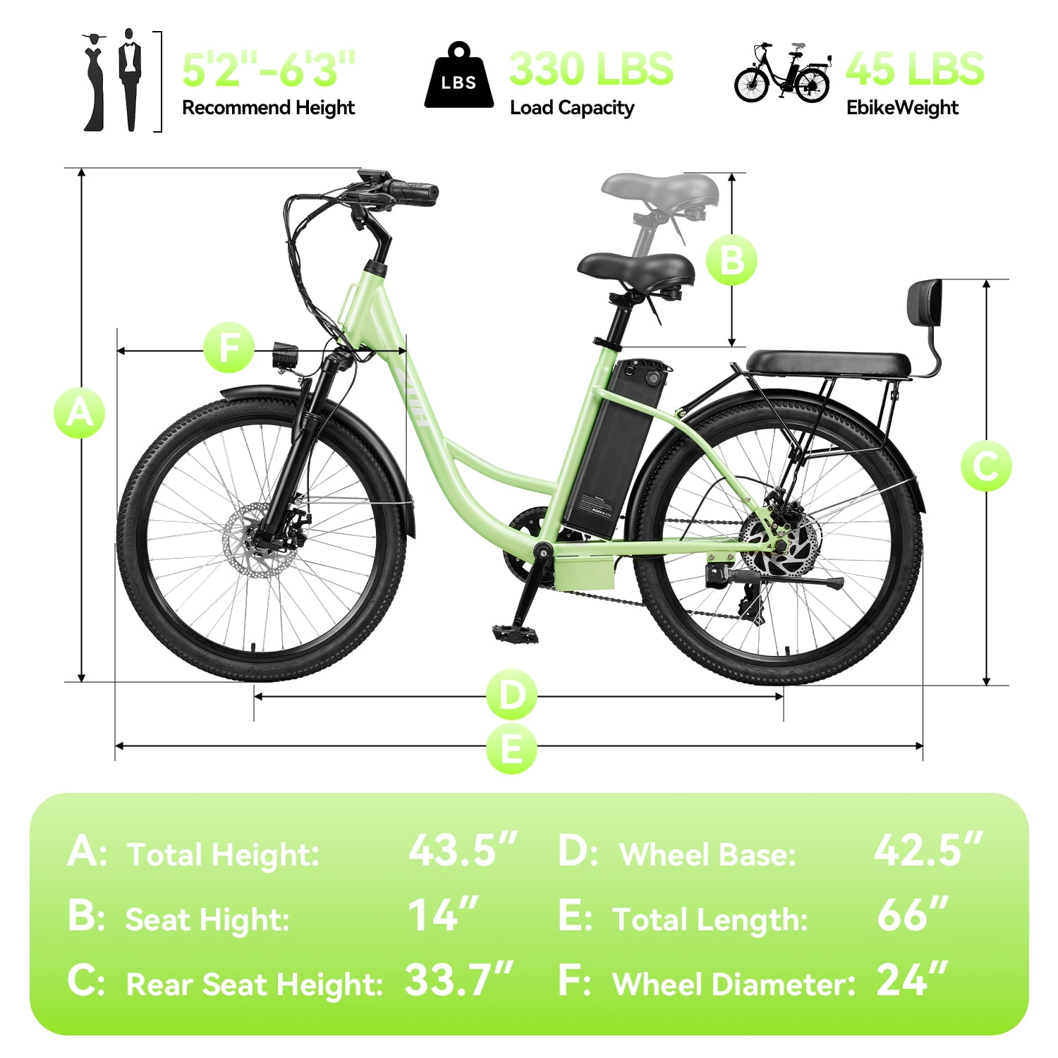 ZNH 24-inch Electric Bike, 700W Motor E-Bike with 48V 13Ah Battery, UL2849 Certified (Green, 330 lb Load Capacity) g7zs6