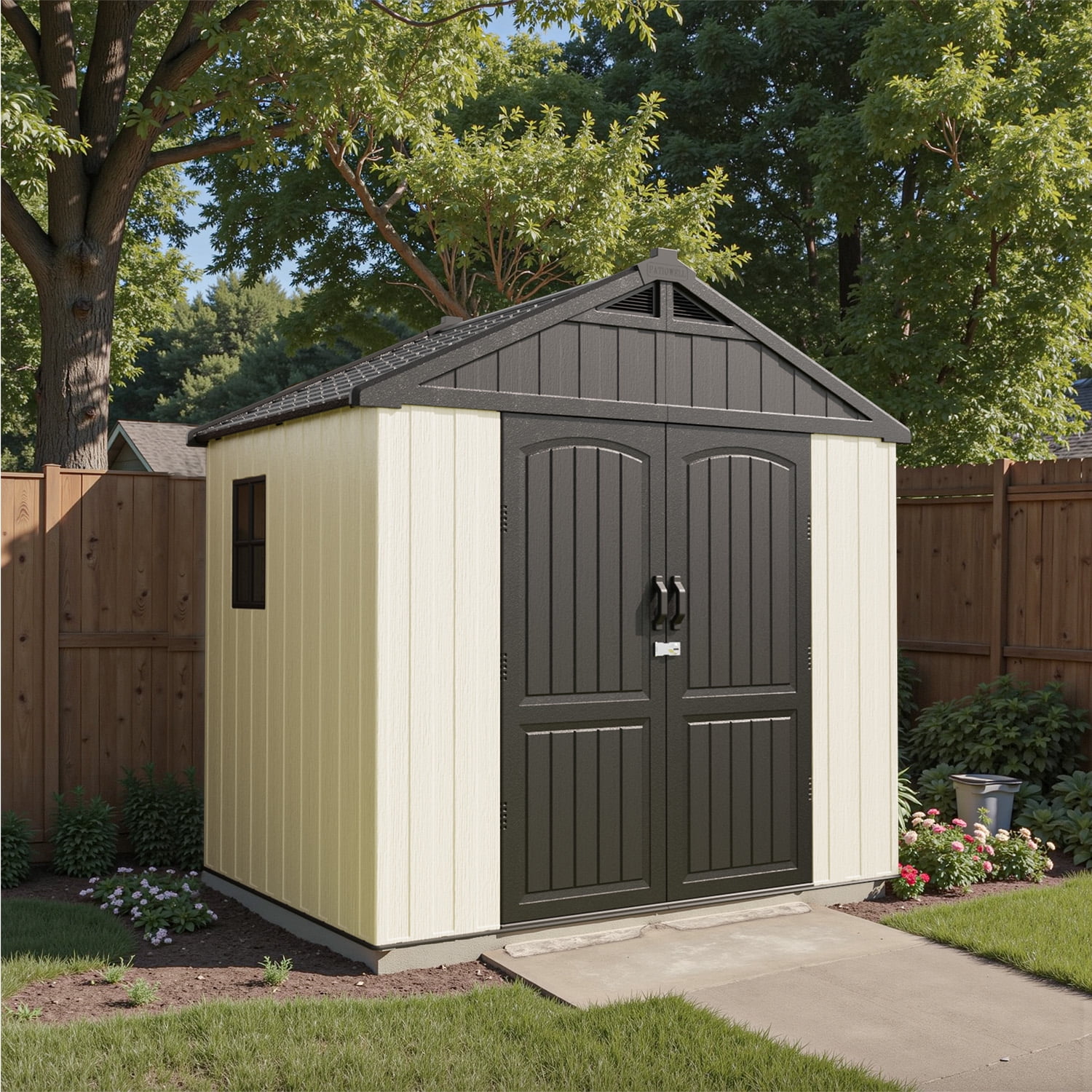 Patiowell 8x6 ft Outdoor Storage Shed with Floor, All-Weather Resin Garden Shed with Window and Lockable Doors (Gray/White) m36t0