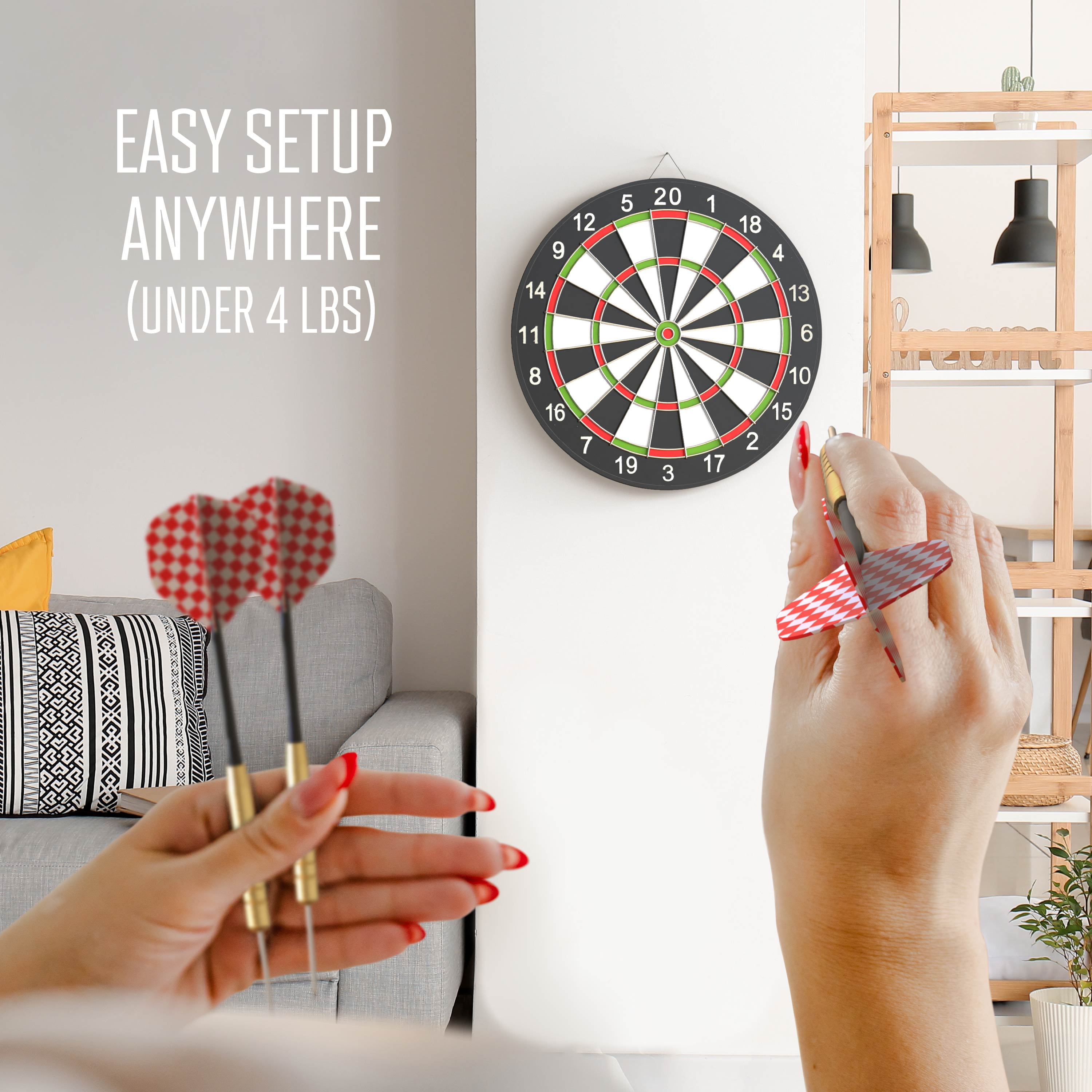 RealPlay Reversible Hanging Dartboard Set with 6 Stainless Steel Tip Darts (Black, 17 in) 27qzv