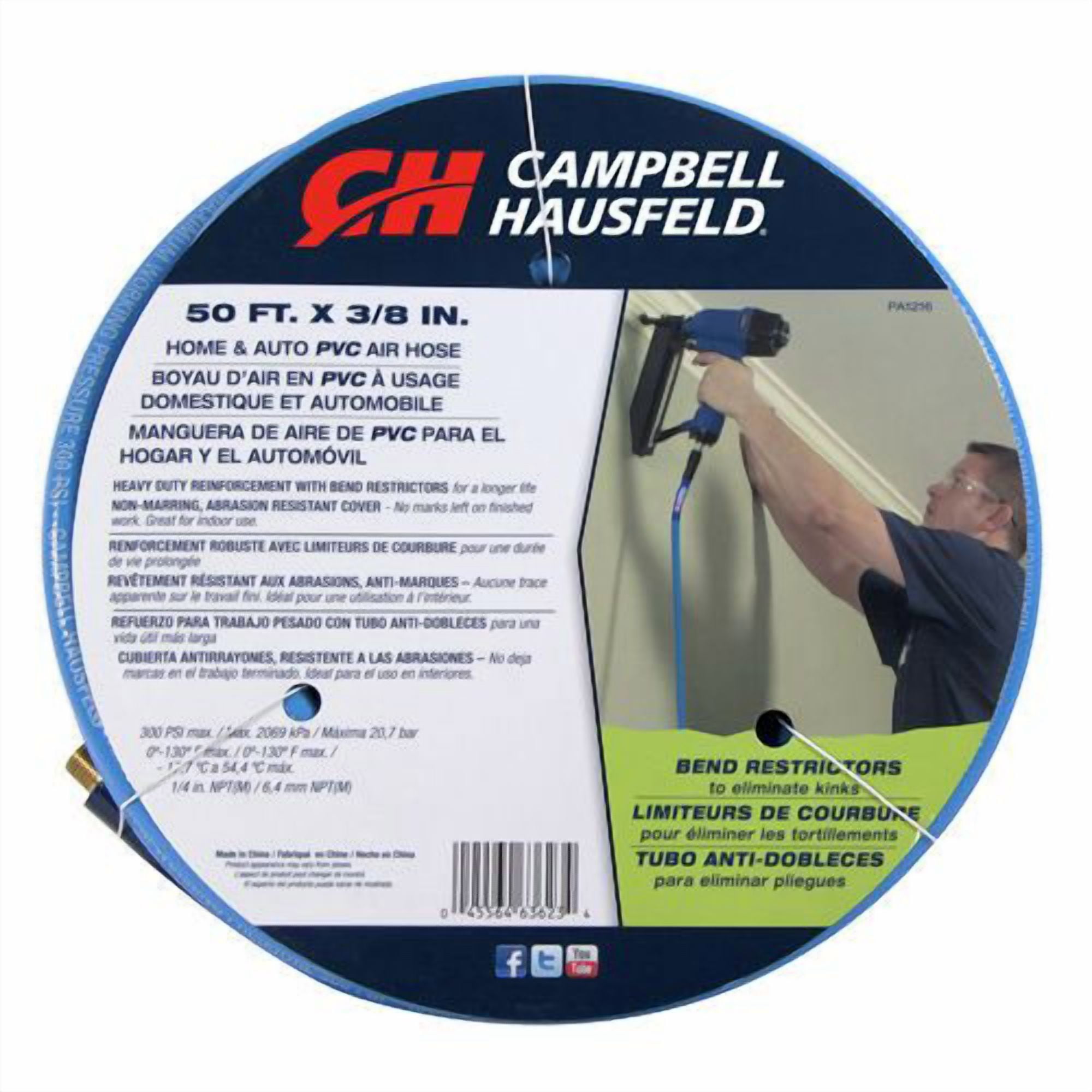 Campbell Hausfeld Heavy-Duty PVC Air Hose with Bend Restrictors (Blue, 3/8 in x 50 ft) 3eobr