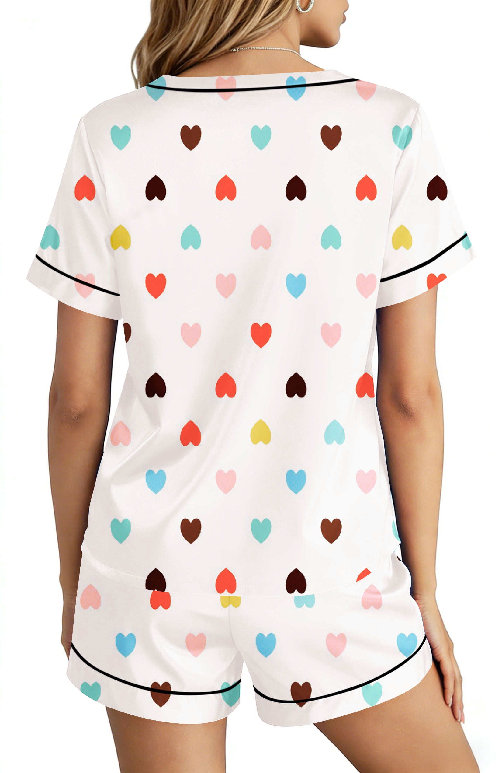UVN Womens Satin Pajama Set Short Sleeve V-Neck Sleepwear Loungewear (White, S-2XL) wsncq