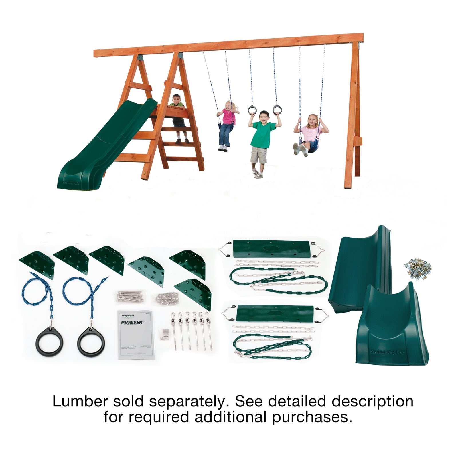 Swing-N-Slide Pioneer Deluxe DIY Play Set Hardware Kit with Slide (Green, 16 ft x 14 ft x 8 ft) pbfcg