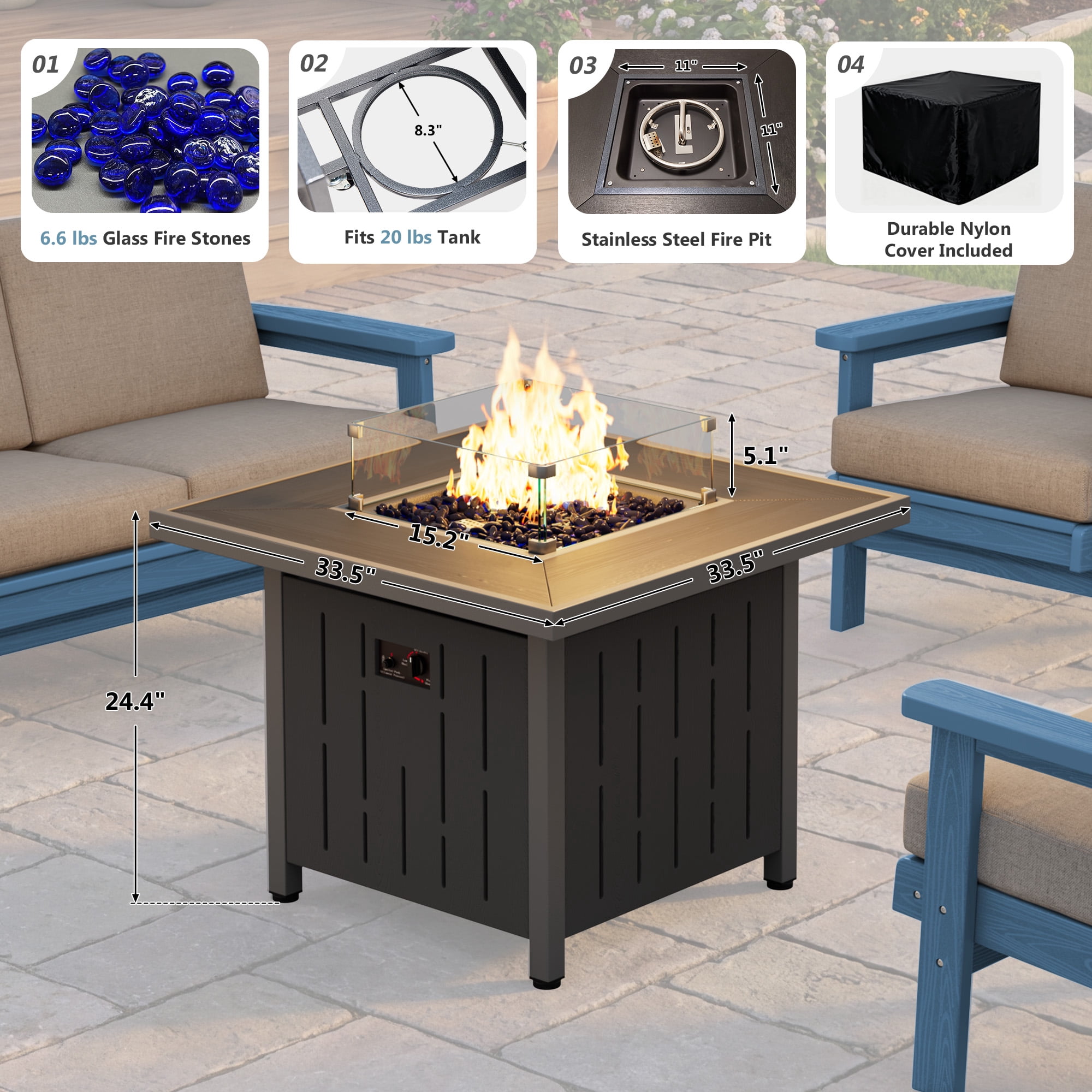 SERWALL 33 in Square Propane Fire Pit Table with Glass Wind Guard and Lid (Black, 50,000 BTU) s92h0