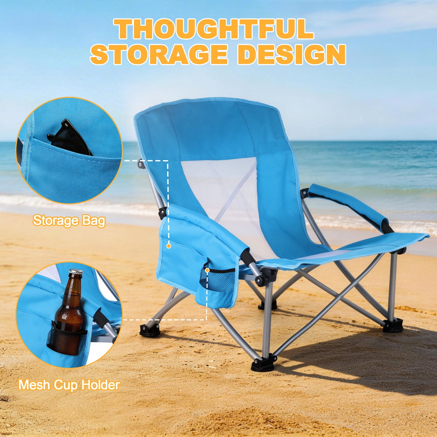 Walchoice Folding Beach Chairs with Cup Holder and Carry Bag, Low Back Support, Heavy-Duty Portable Outdoor Seating (Blue, 2 Pack) dzkr7