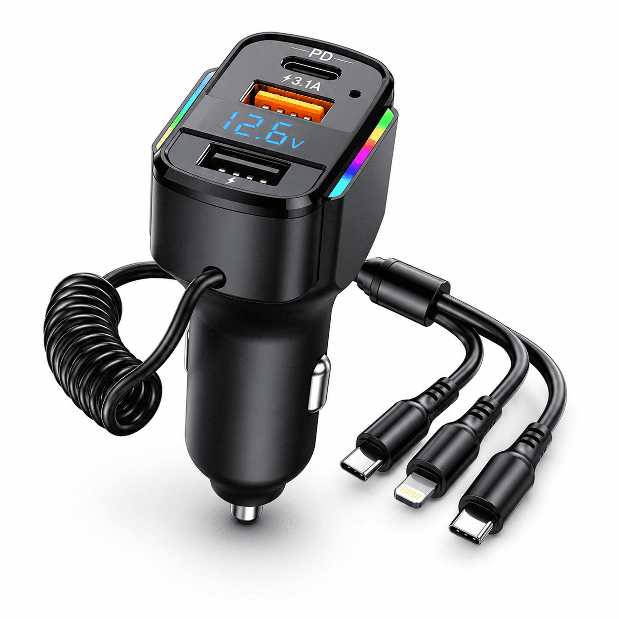 DAYBETTER 6-in-1 USB C Car Charger, 65W Fast Charging PD & QC 3.0 Adapter with 4ft Retractable Cables (Black) 1y7r4